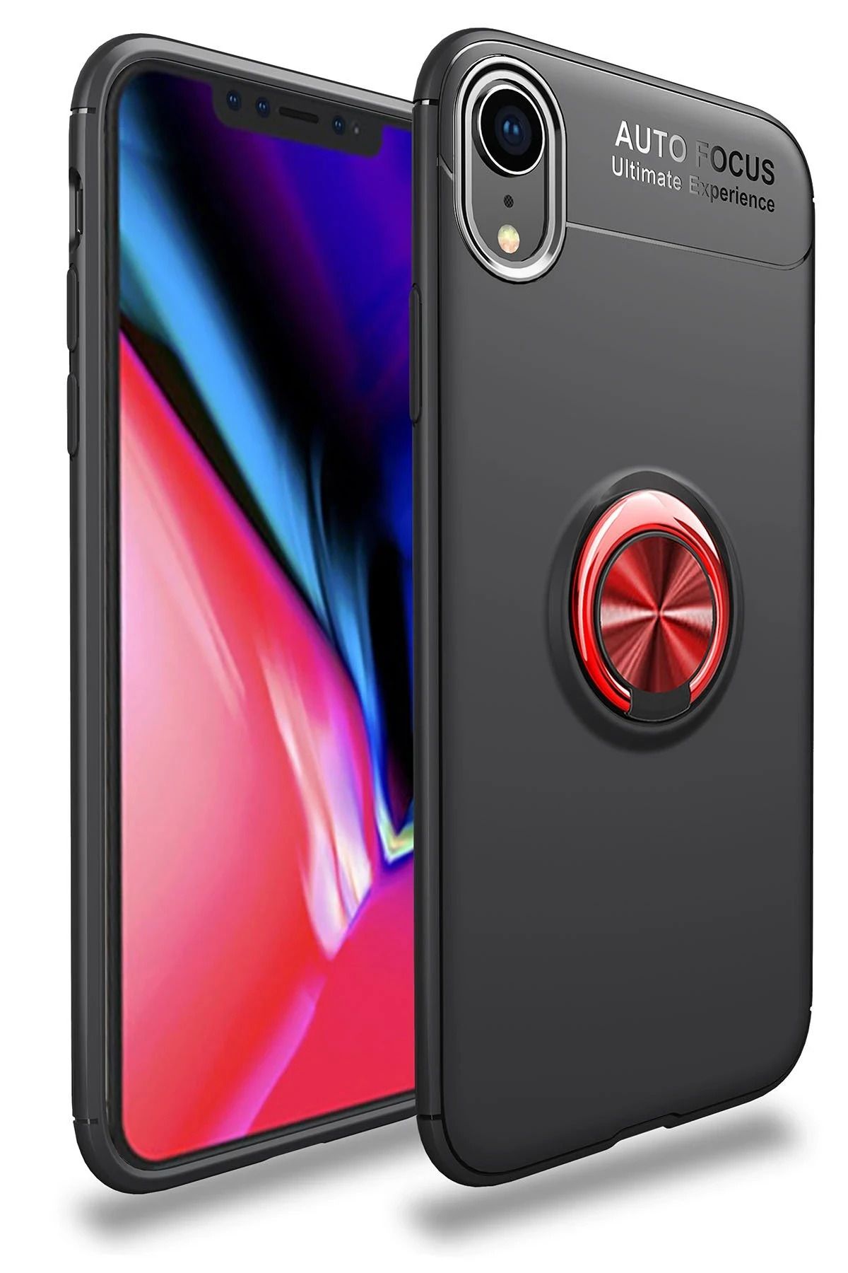 NewFace iPhone XR Kılıf Range Yüzüklü Silikon - Siyah-Kırmızı JOJUA