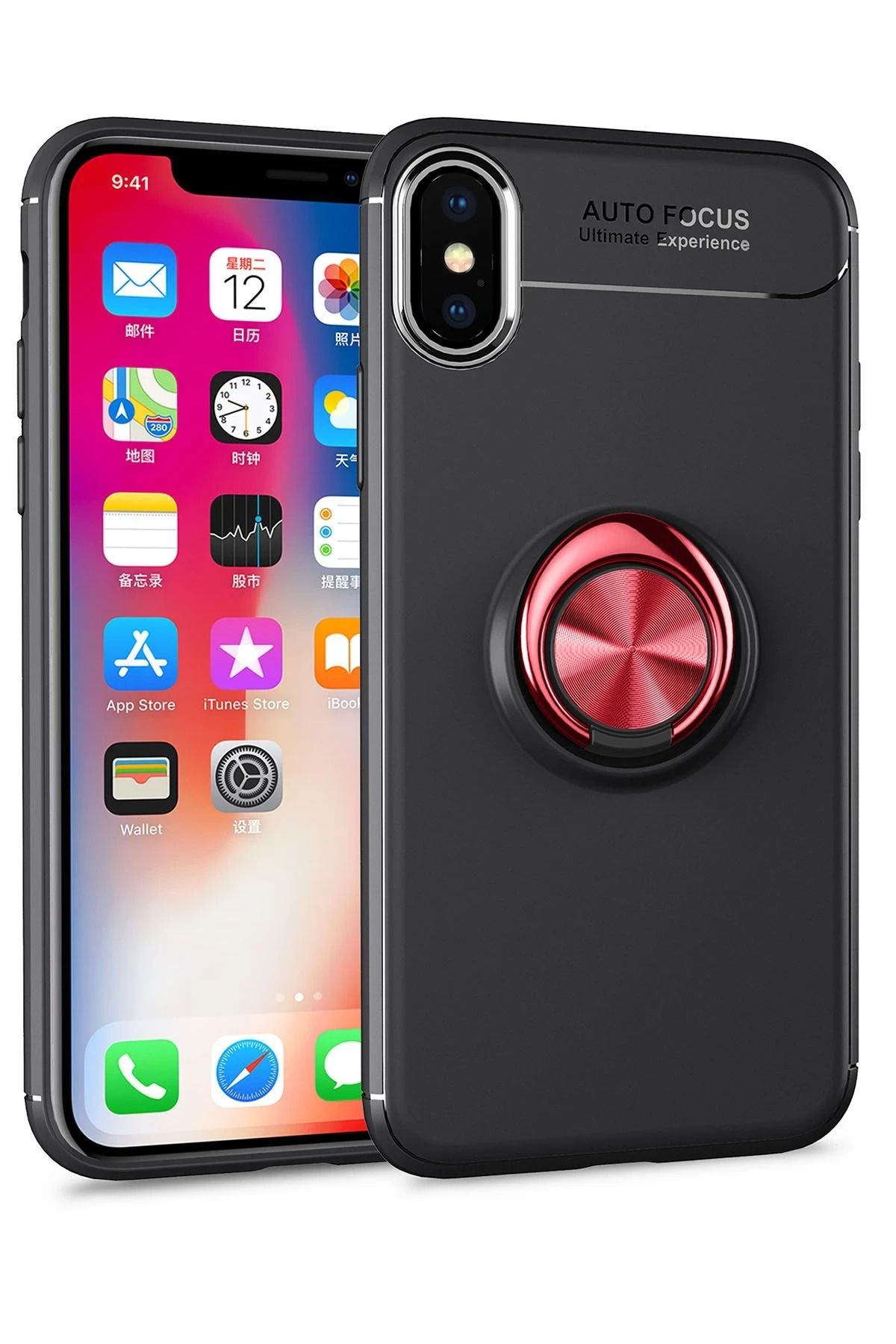 NewFace iPhone XS Kılıf Range Yüzüklü Silikon - Siyah-Kırmızı HNZRN