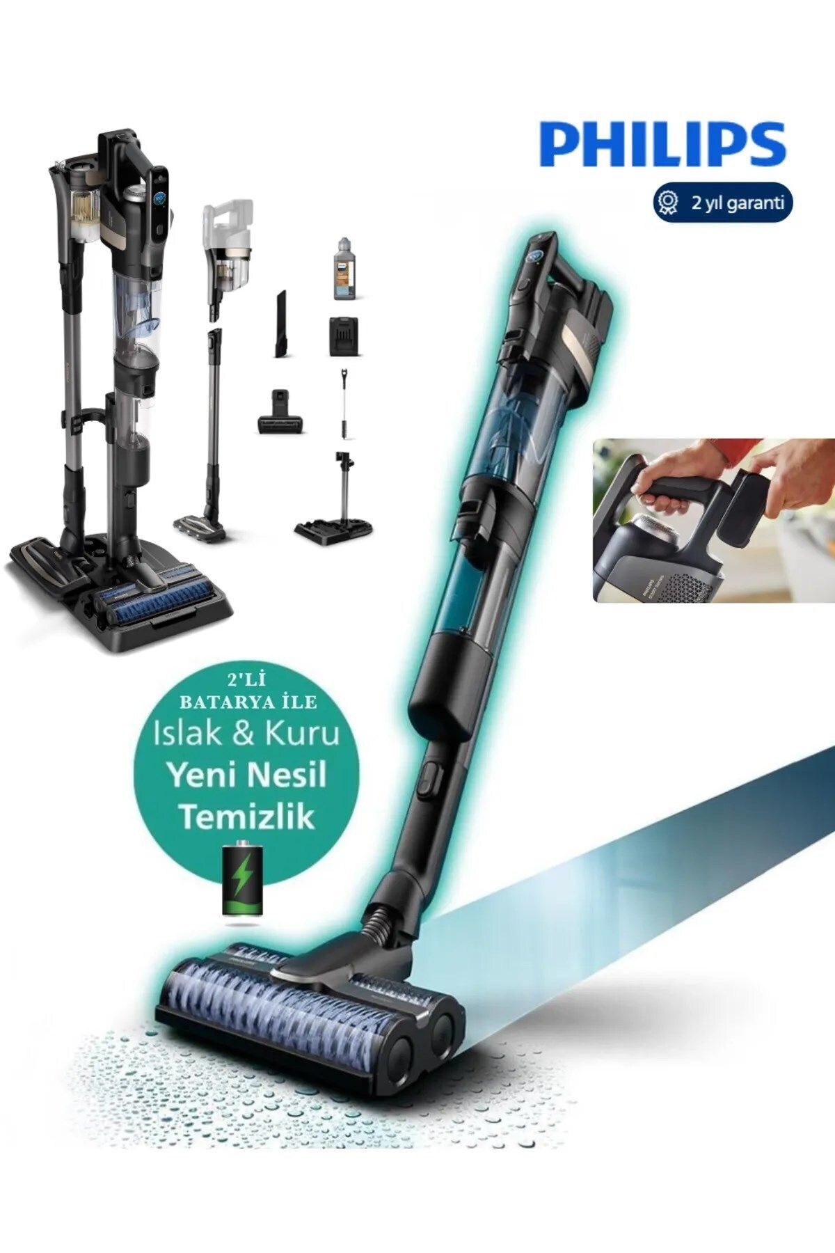 Philips Çift Batarya Islak-kuru Elektrikli Dikey Süpürge 9000,ve Islak Mop, kendi Kendini Temizleme Özelliği