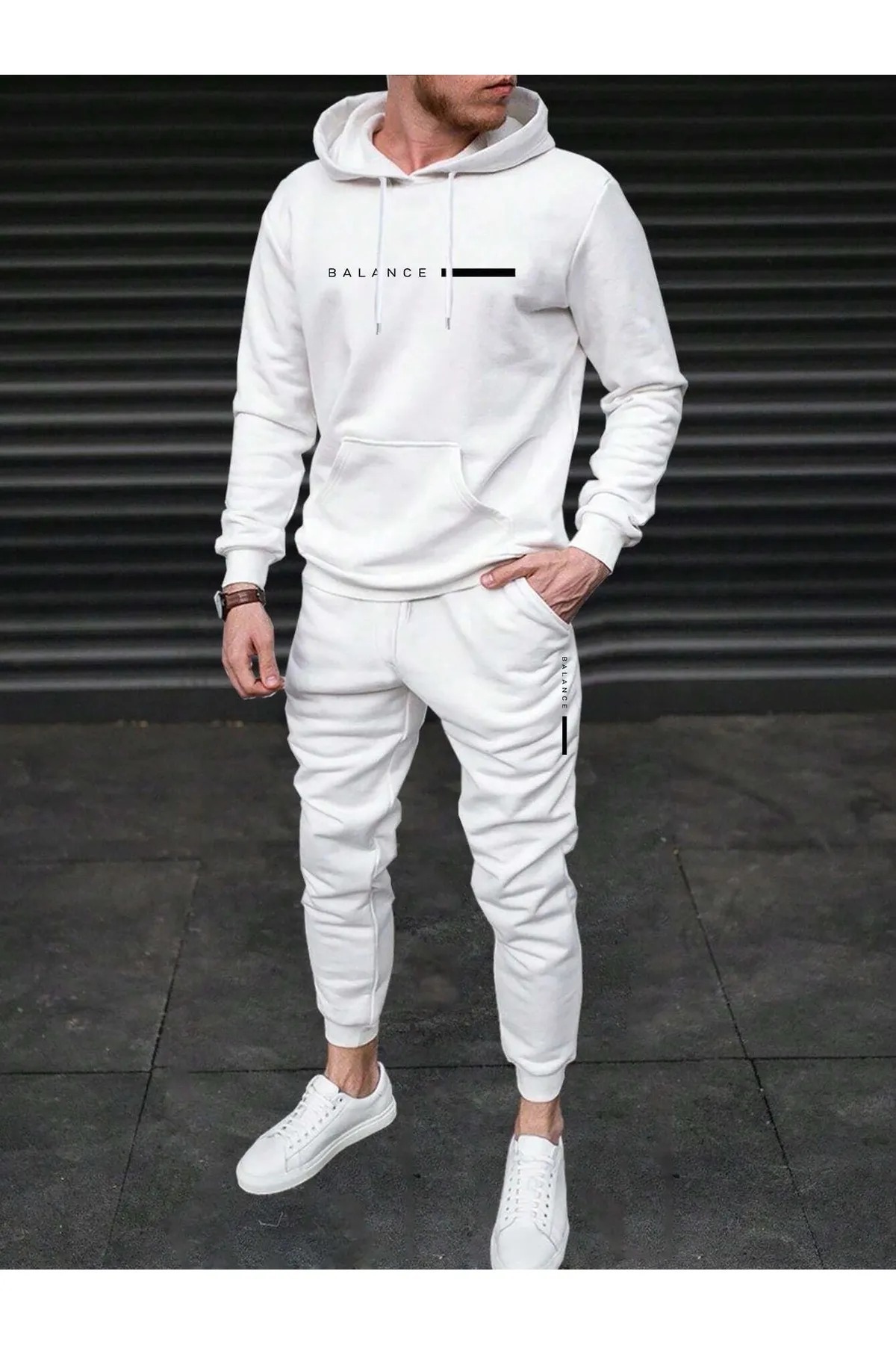 NO 601-Men's White Balance Hooded White Tracksuit Set 1