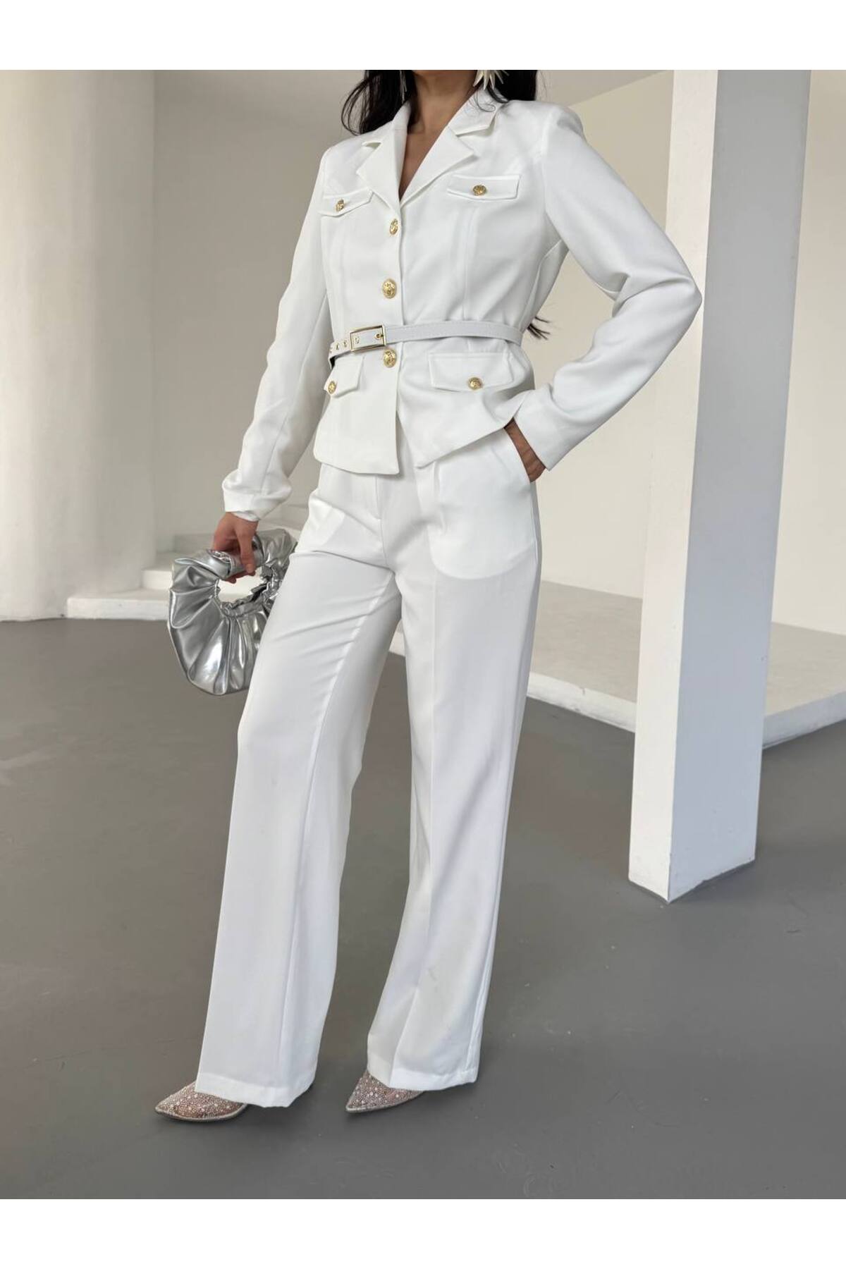 Women's Belted Suit with Gold Button Details - White - Görsel 4