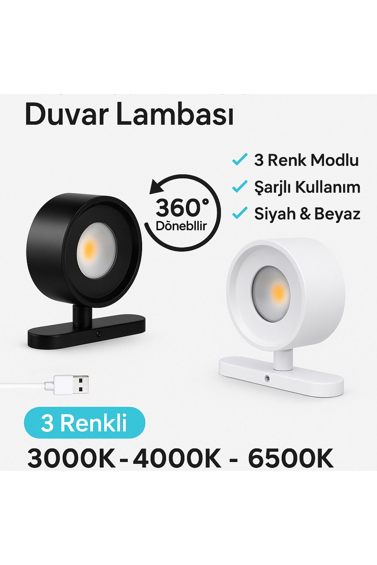 EMXTECH 1.8W Şarjlı 360° Dönebilen Duvar Lambası | 3 Renk Modu | Siyah & Beyaz Seçenekli