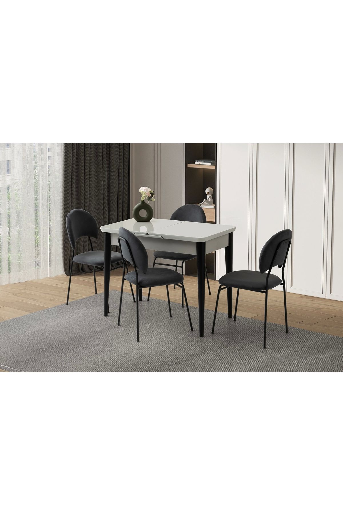 Evistro Ortadan Açılır Büyüyen 90x160cm Açık Gri Ahşap Salon Yemek Masa Sandalye Takımı Suna 4 Sandalyeli