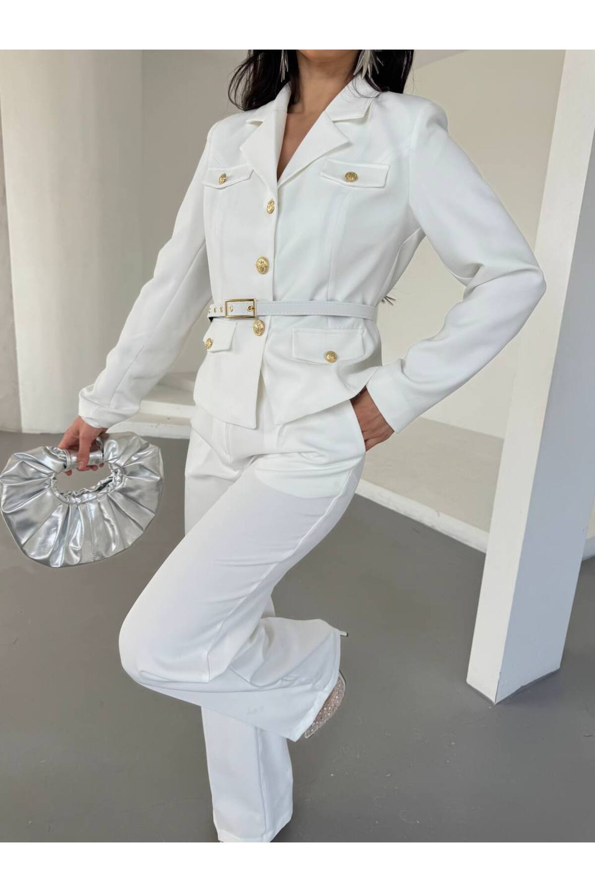 Women's Belted Suit with Gold Button Details - White - Görsel 5