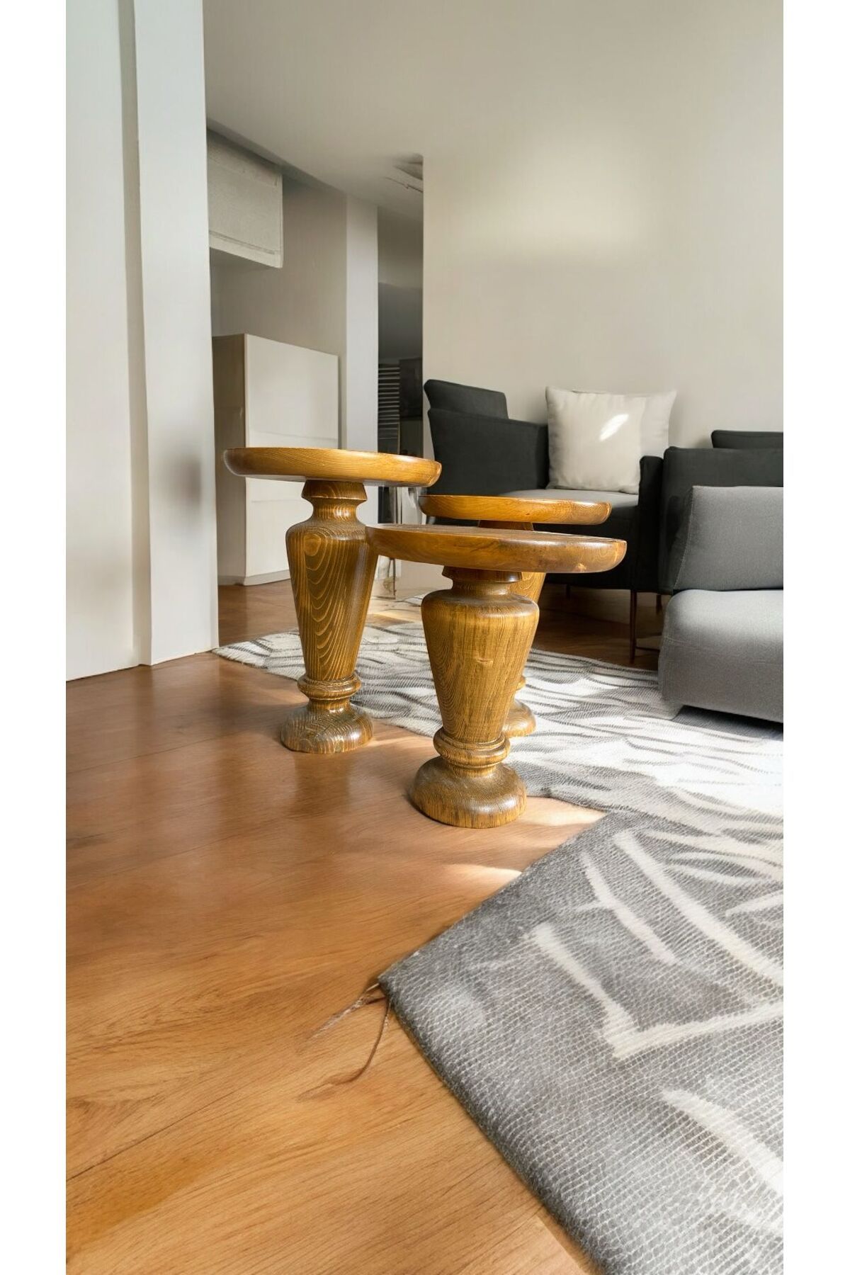 Simillo Home&Living Wood Wooden Ahşap 3’lü Set Mantar Yan Sehpa Modern Tütün Renk Fiskos Zigon Sehpa