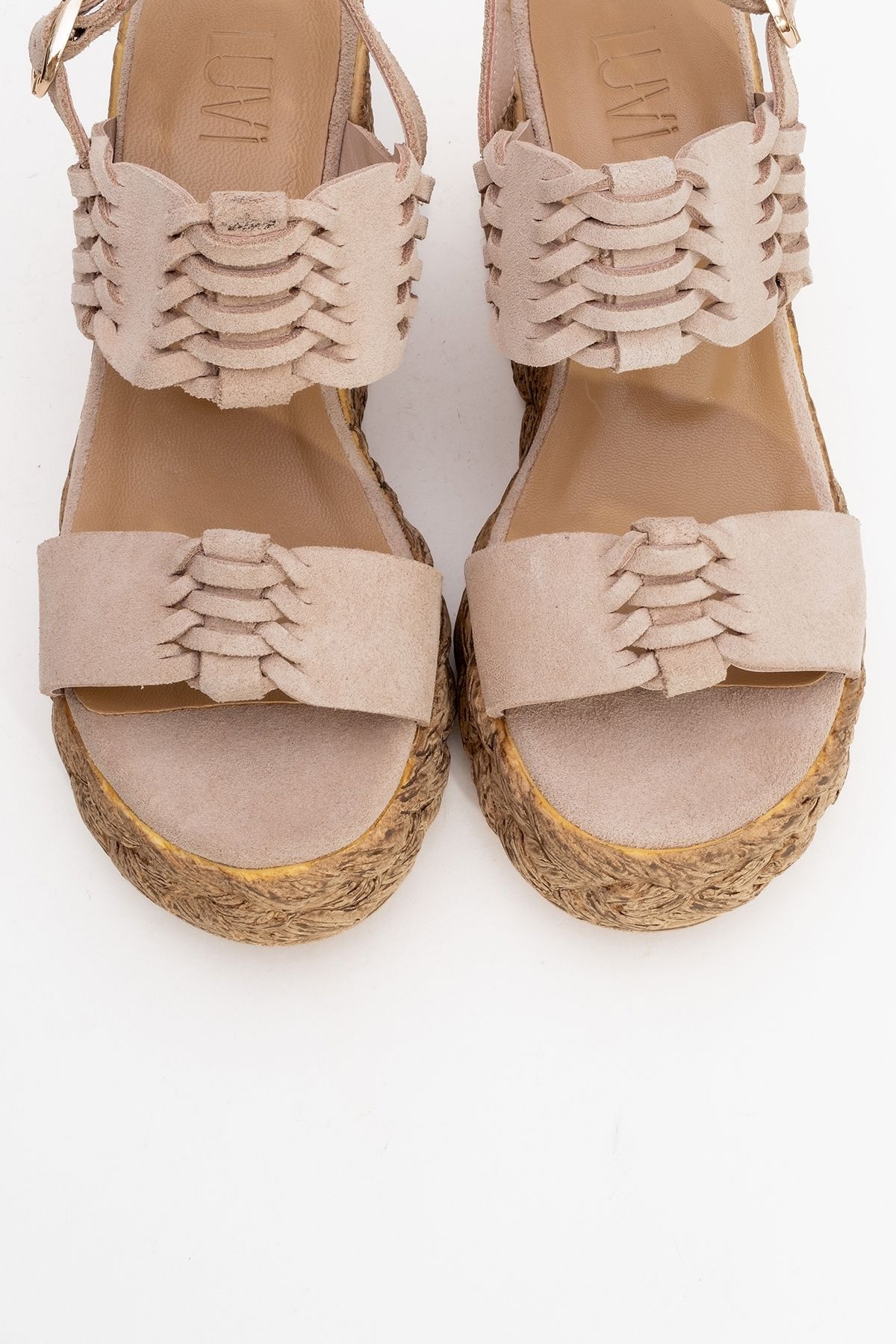 کفش پاشنه بلوکی زنانه OLIEN BEIGE SUEDE چرمی SANDALS دار را پر می کند luvishoes