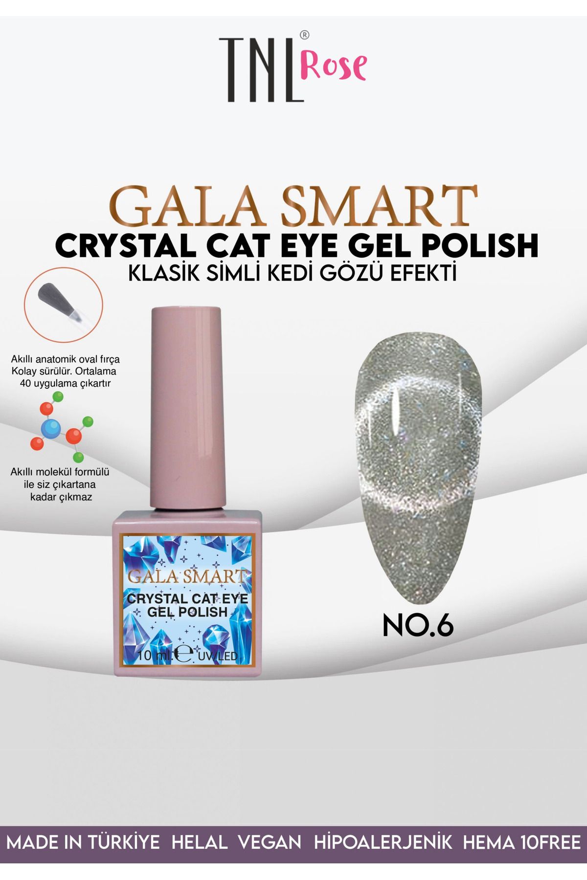 gala smart Tnl Rose Gala Smart Crystal Cat Eye Kedi Gözü Kalıcı Oje No.6