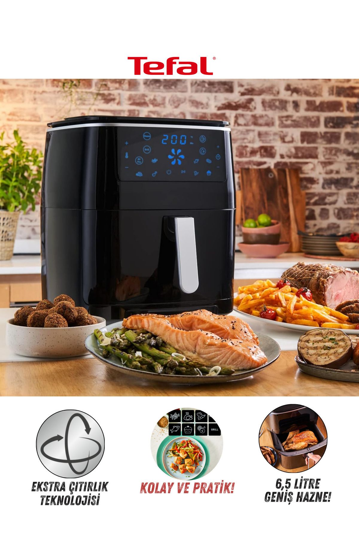 TEFAL Easy Yağsız Fritöz Airfryer 6,5 Litre Aile Boyu Kapasite Hava Ile Kızartma & Izgara & Buharlı