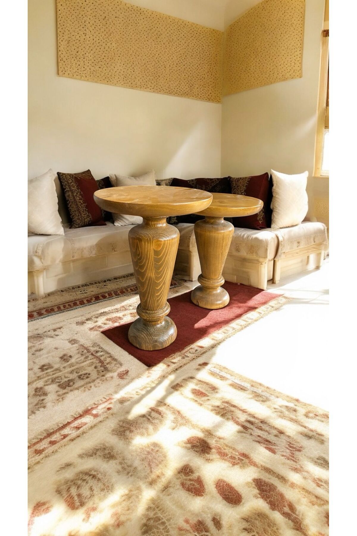 Simillo Home&Living Wood Ahşap 2'li Set Mantar Yan Sehpa Modern Fiskos / Tütün Renk / Zigon Sehpa Vernikli