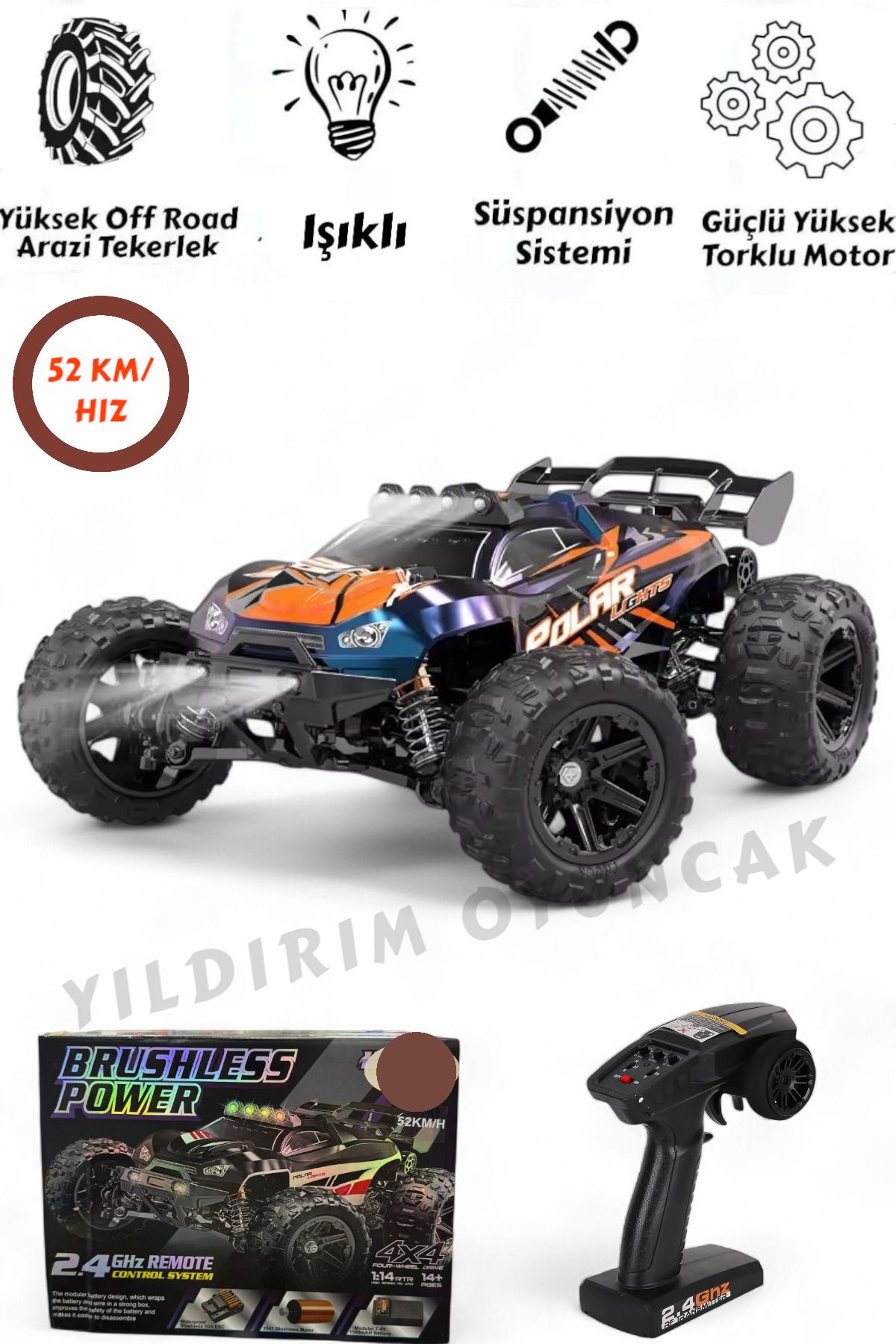 YILDIRIM OYUNCAK 52 Km Hız Rc Uzaktan Kumandalı Araba 4wd 4x4 Off-road Fırçasız Motor Süspansiyon Sistemli