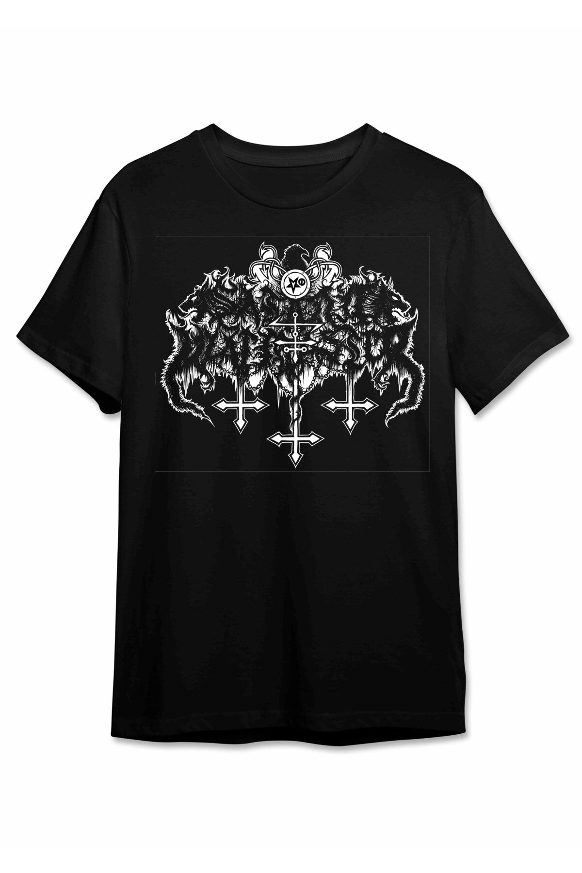 vampcat art Satanic Warmaster Ön Arka Ve Kol Baskılı Unisex Siyah T-shirt