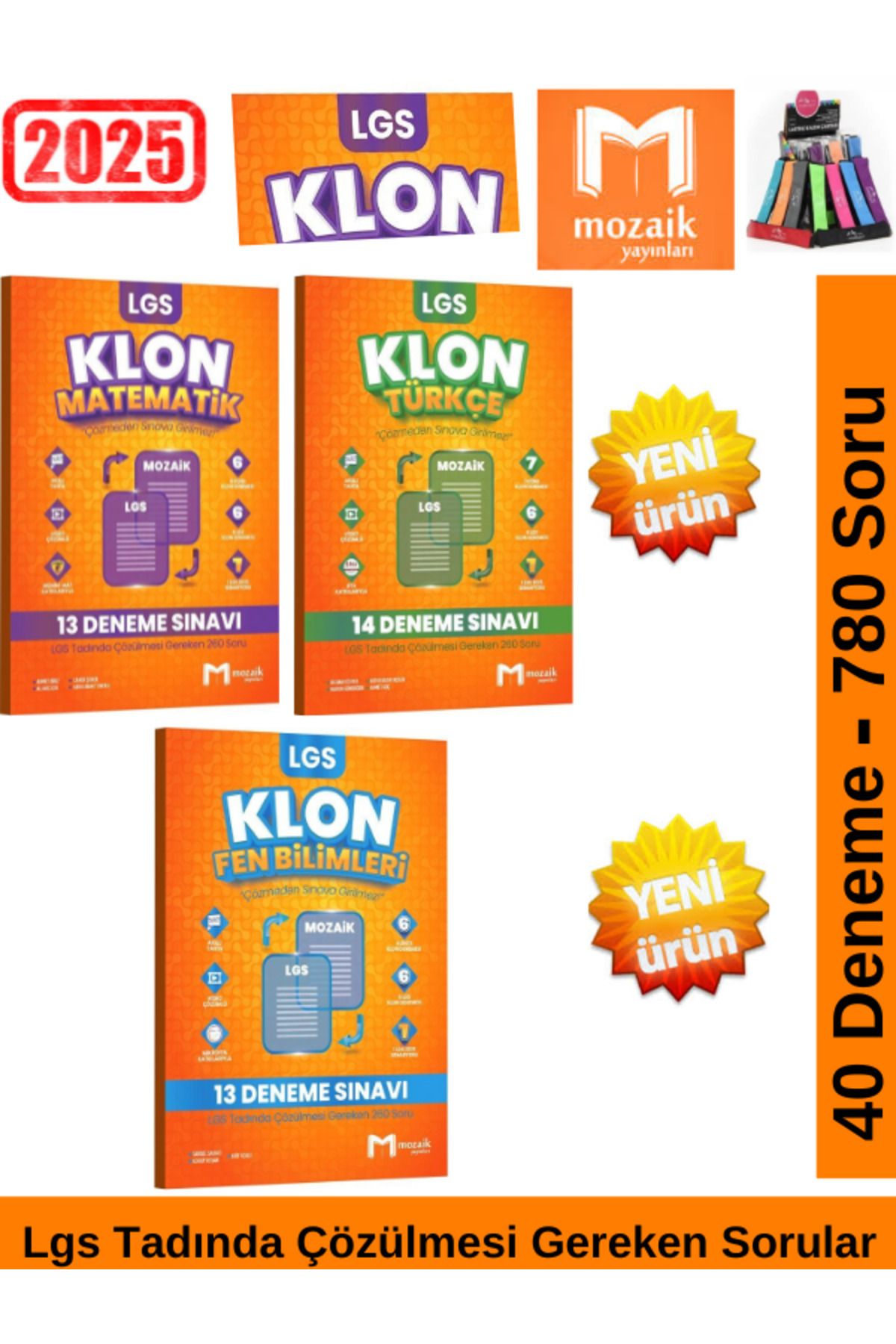 Marsis Yayınları Mozaik 8.Sınıf Klon Lgs Hazılık Mat.-Fen-Türkçe 40 Deneme-780 Soru Deneme Seti+Kalemlik