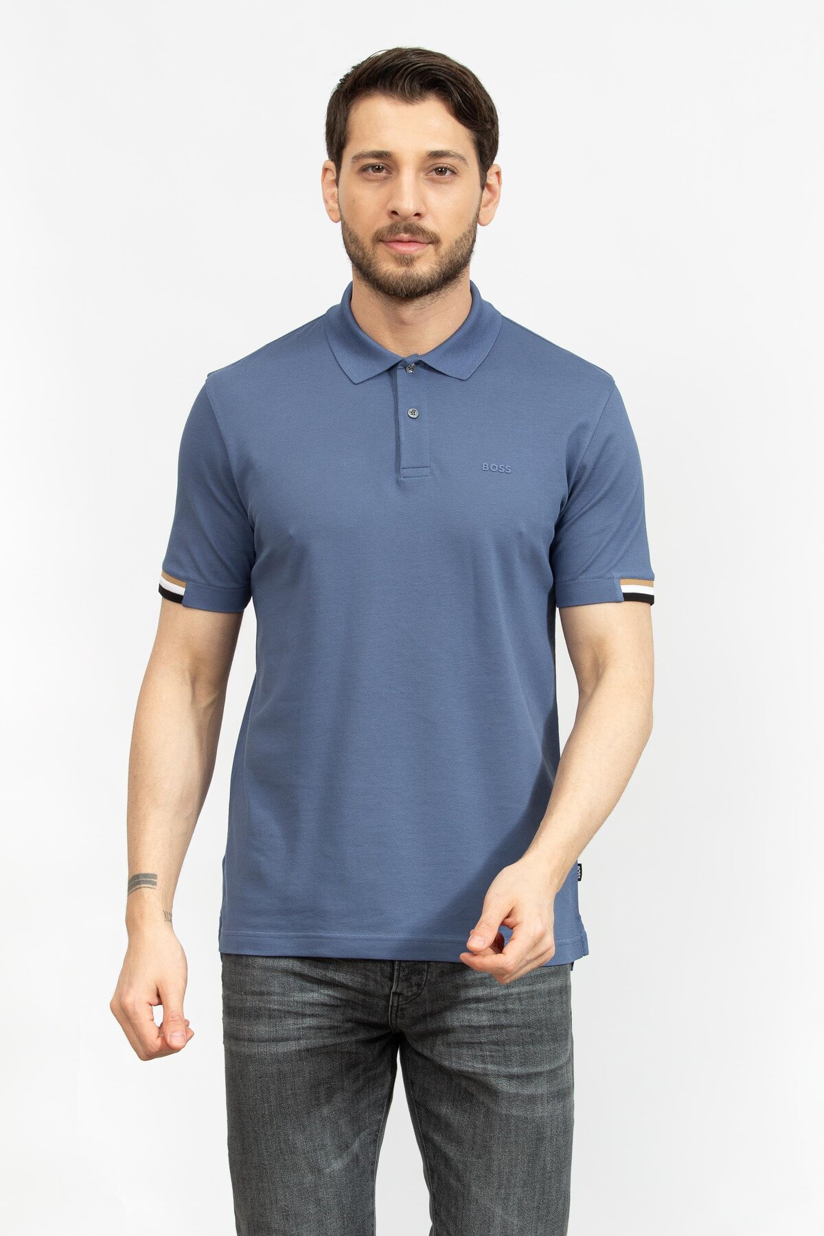 باس تی‌شرت مردانه یقه پولو نخی آستین کوتاه سرمه‌ای یقه پولو، دکمه‌دار، کد ۵۰۴۶۷۱۱۳-۴۷۹