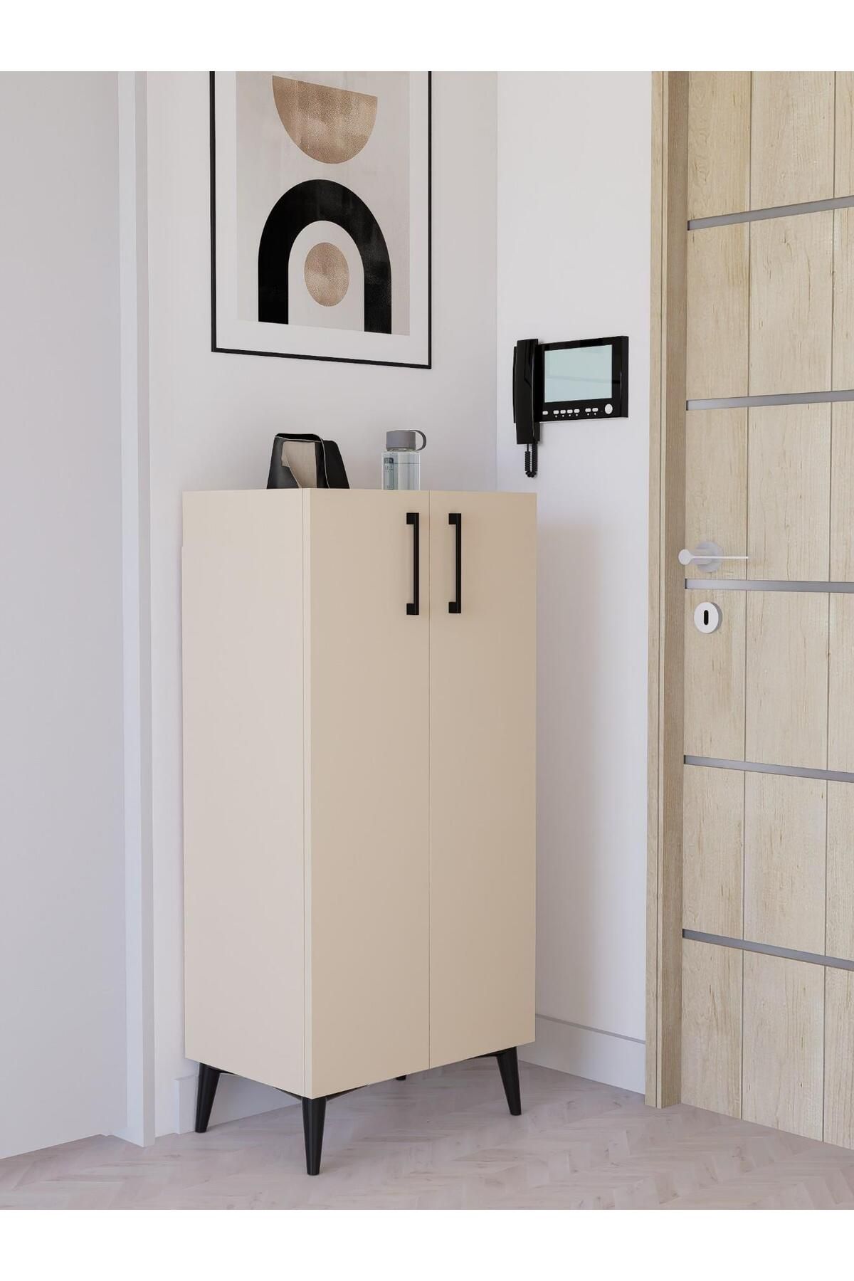 Detamob 4 Raflı Kapaklı Ahşap Ayakkabılık | Modern Dresuar | Kiler Dolabı, Çok Amaçlı Dolap, Vizon, %100 MDF