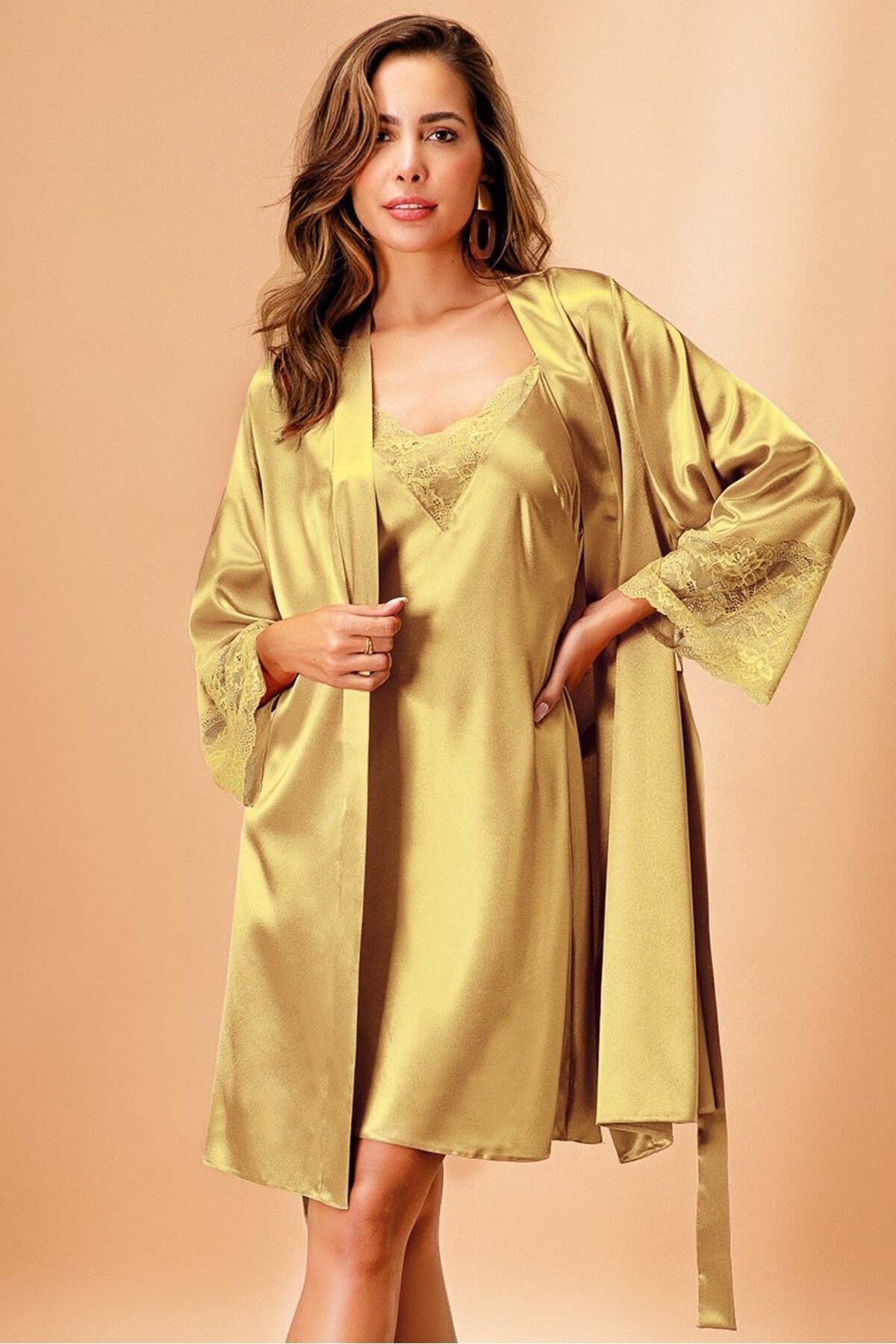 Nurteks Intimo Donna Fiore İpeksi Saten Gecelik ve Kimono İkili Takım