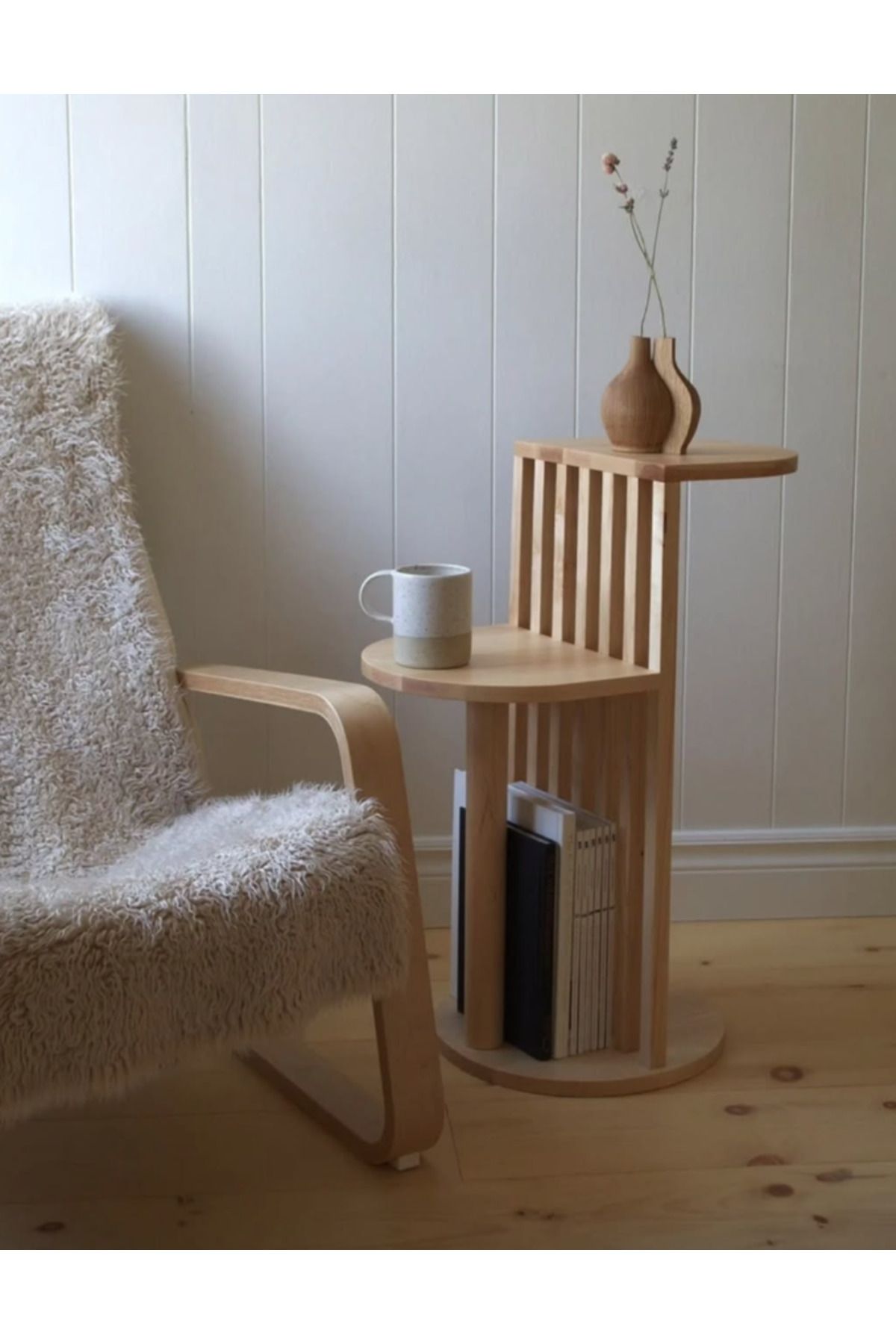 TEKNATURE Modern Minimalist Ahşap Yan Sehpa – Kitaplıklı Çok Amaçlı Tasarım