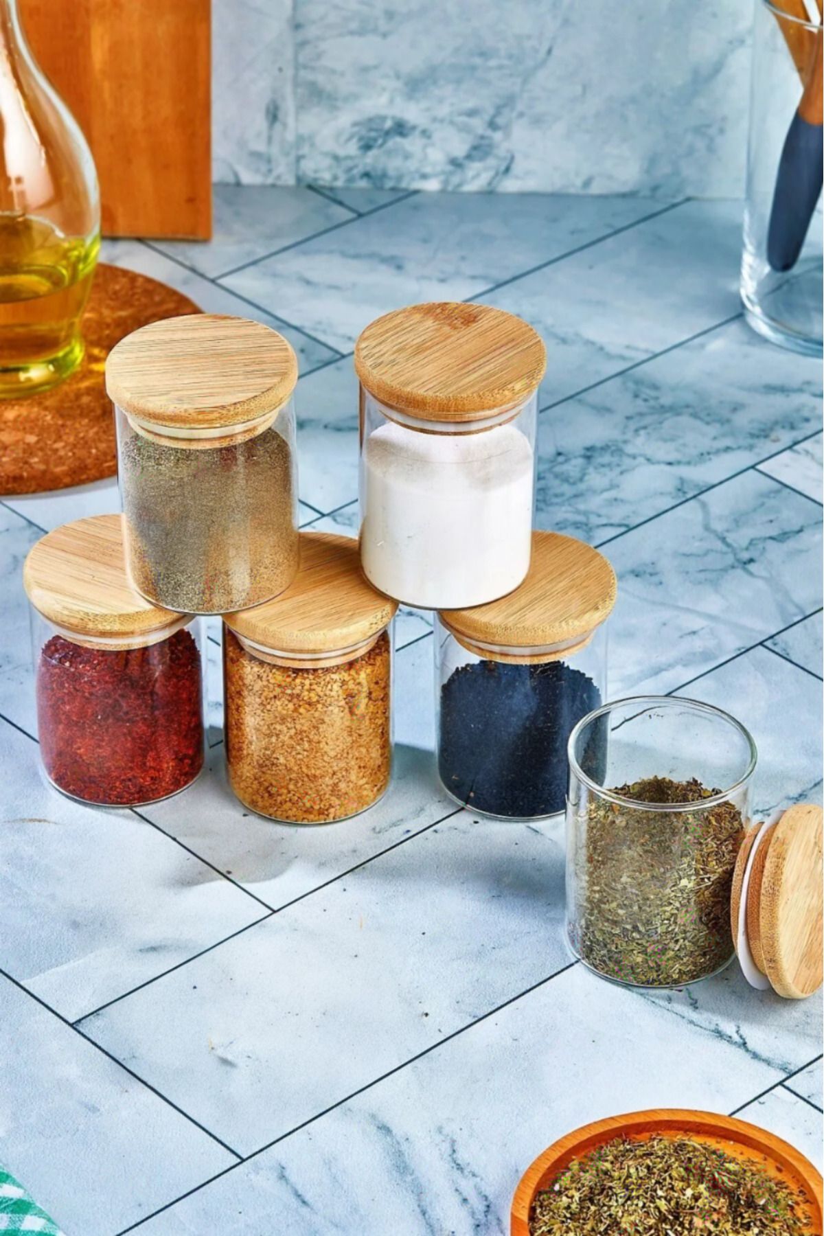 Noah Exclusive 6'lı Borosilikat Baharatlık Seti - Sızdırmaz Silikonlu Bambu Kapak - 200 ml (X6)