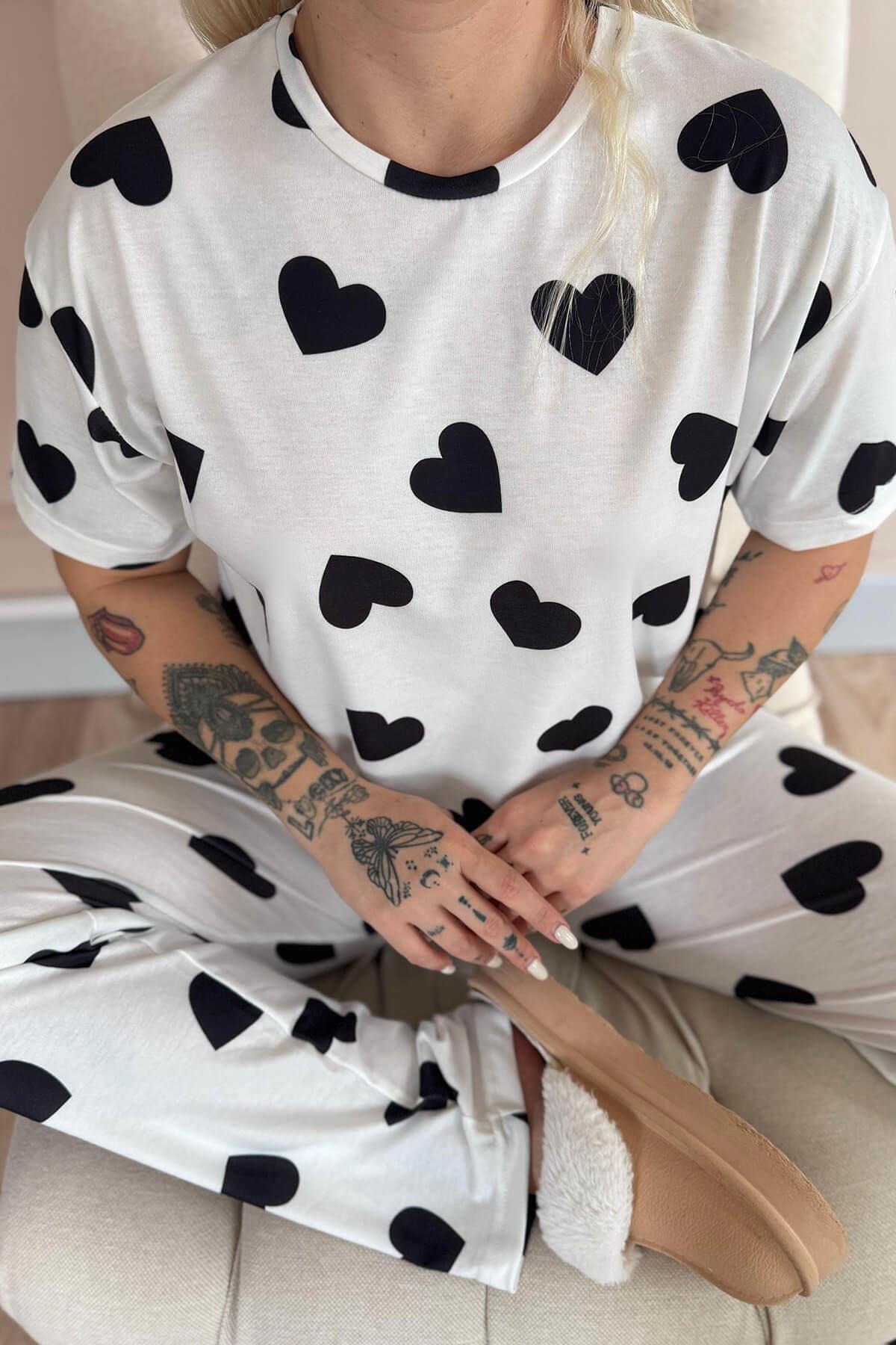 Pijamaevi-Ivory Passion Heart Patterned Bamboo Short Sleeve Women's Pajamas Set 5