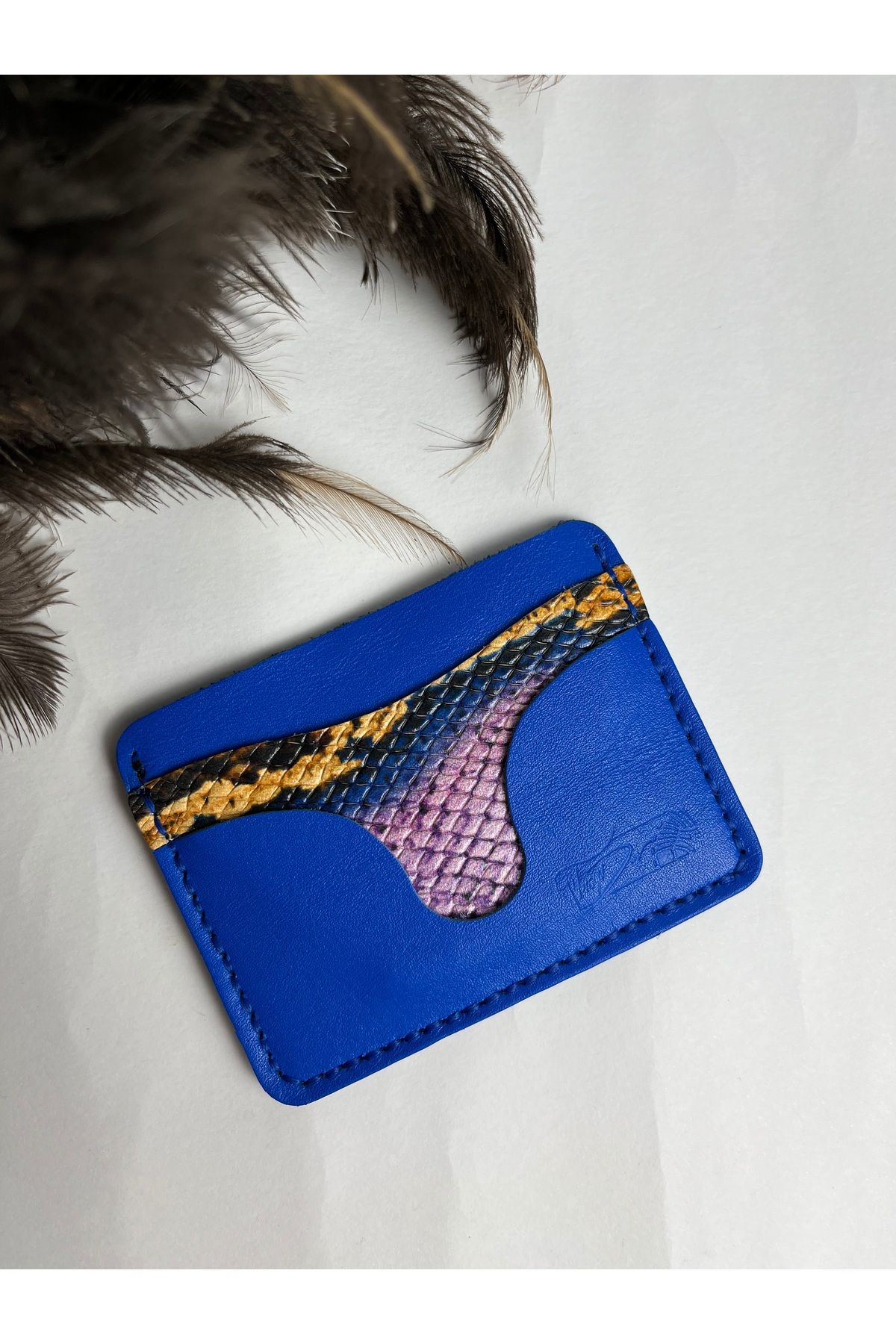 TROYDER Hakiki Deri Unisex Kartlık Mavi Mor Desenli