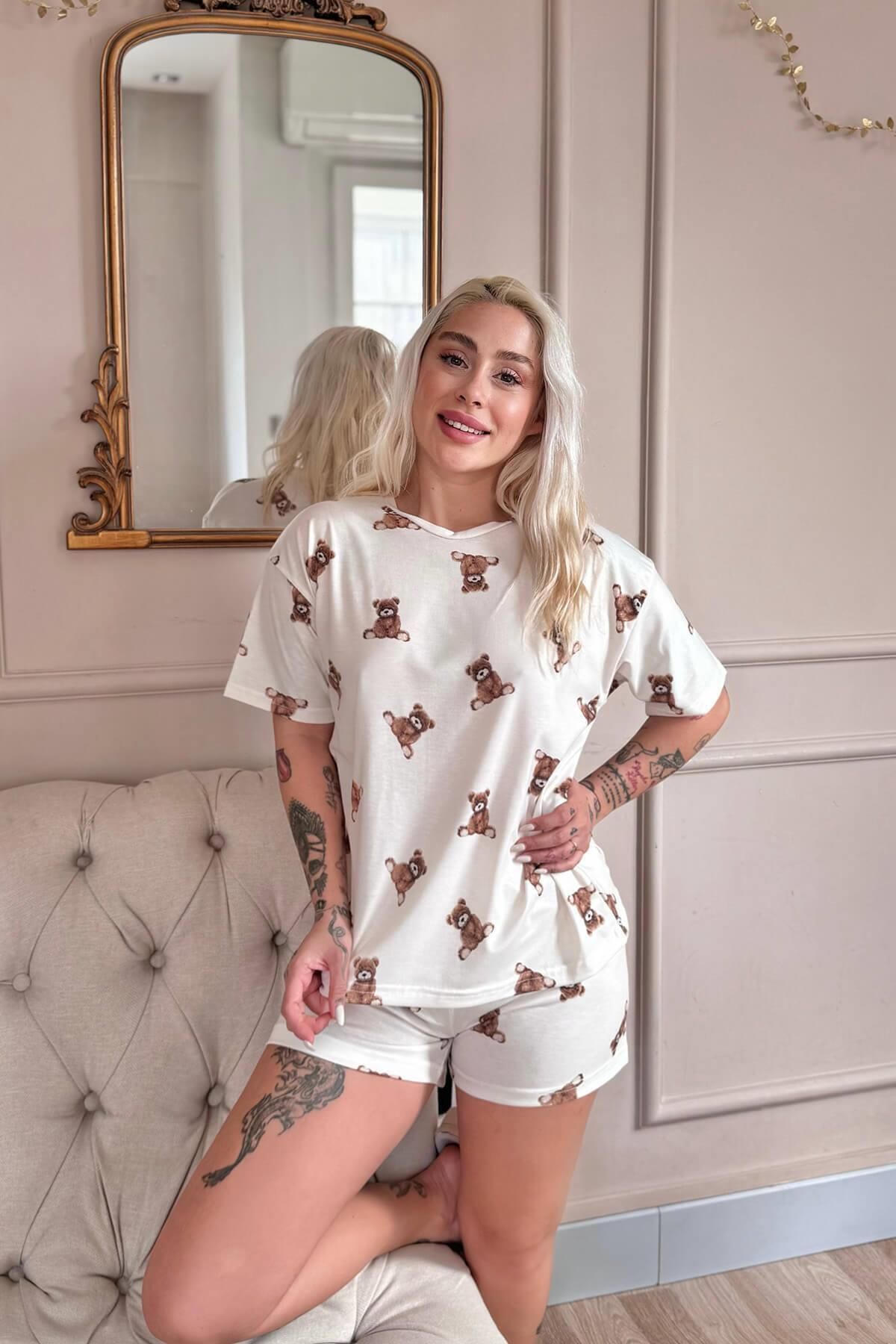 Pijamaevi-Beige Teddy Patterned Short Sleeve Shorts Knitted Women's Pajama Set 4