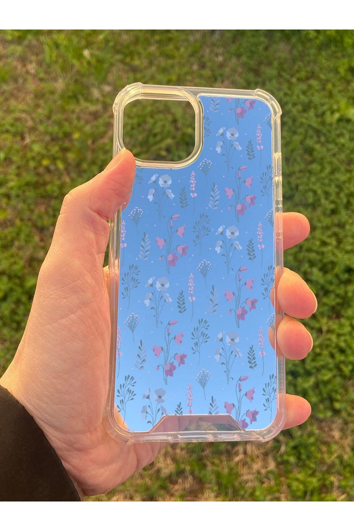blueb İphone 14 Uyumlu Aynalı Mor Çiçek Desenli Darbe Kamera Korumalı Silikon Telefon Kılıfı