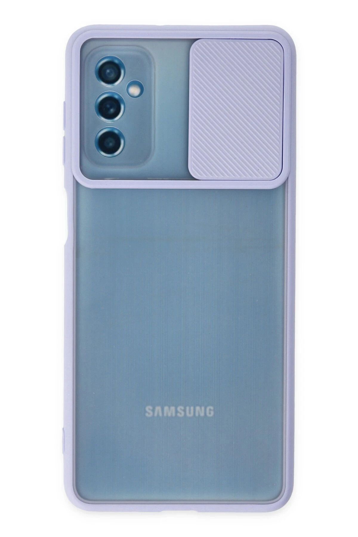 NewFace Samsung Galaxy M52 5G Kılıf Palm Buzlu Kamera Sürgülü Silikon - Lila HNZRN