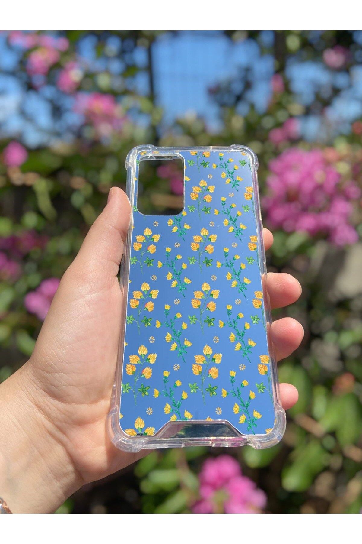 blueb Oppo A55 4G Uyumlu Aynalı Sarı Çiçek Desenli Darbe Kamera Korumalı Silikon Telefon Kılıfı