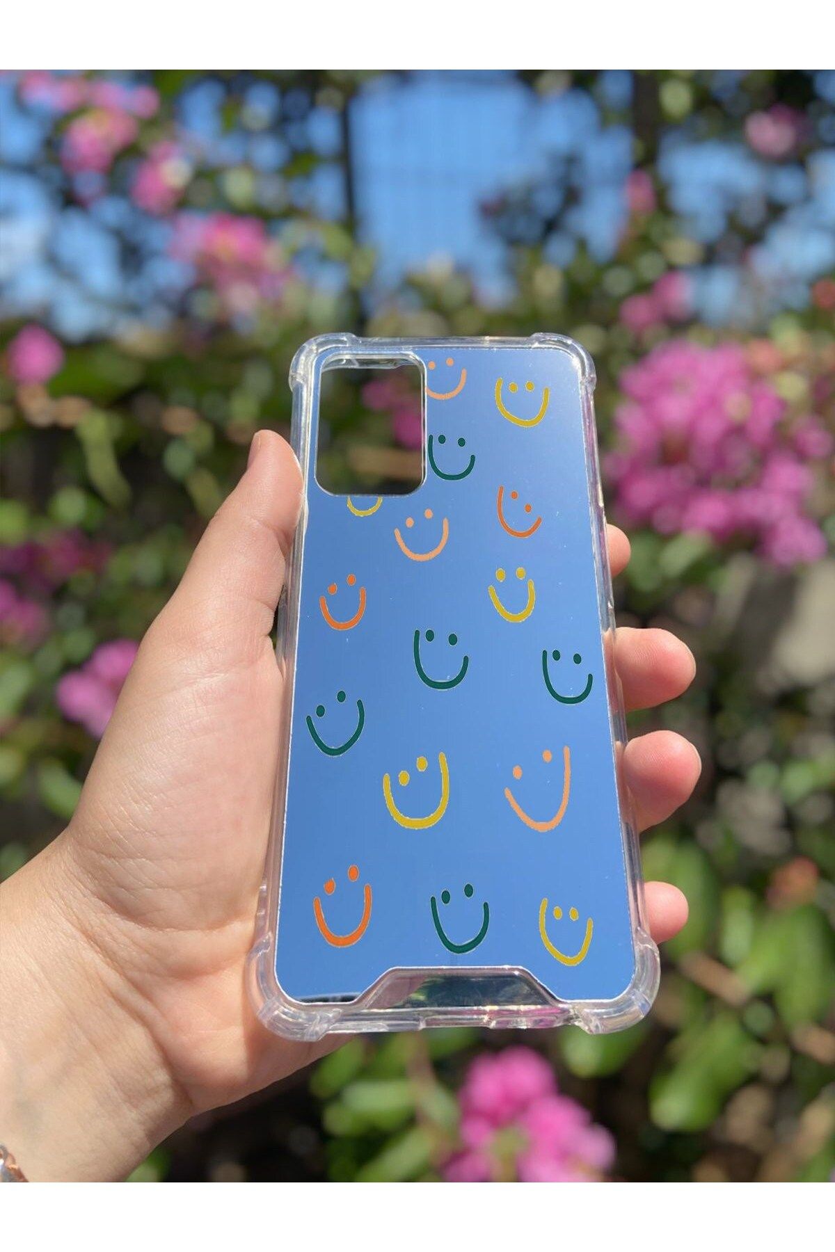 blueb Oppo A55 4G Uyumlu Aynalı Gülücük Desenli Darbe Kamera Korumalı Silikon Telefon Kılıfı