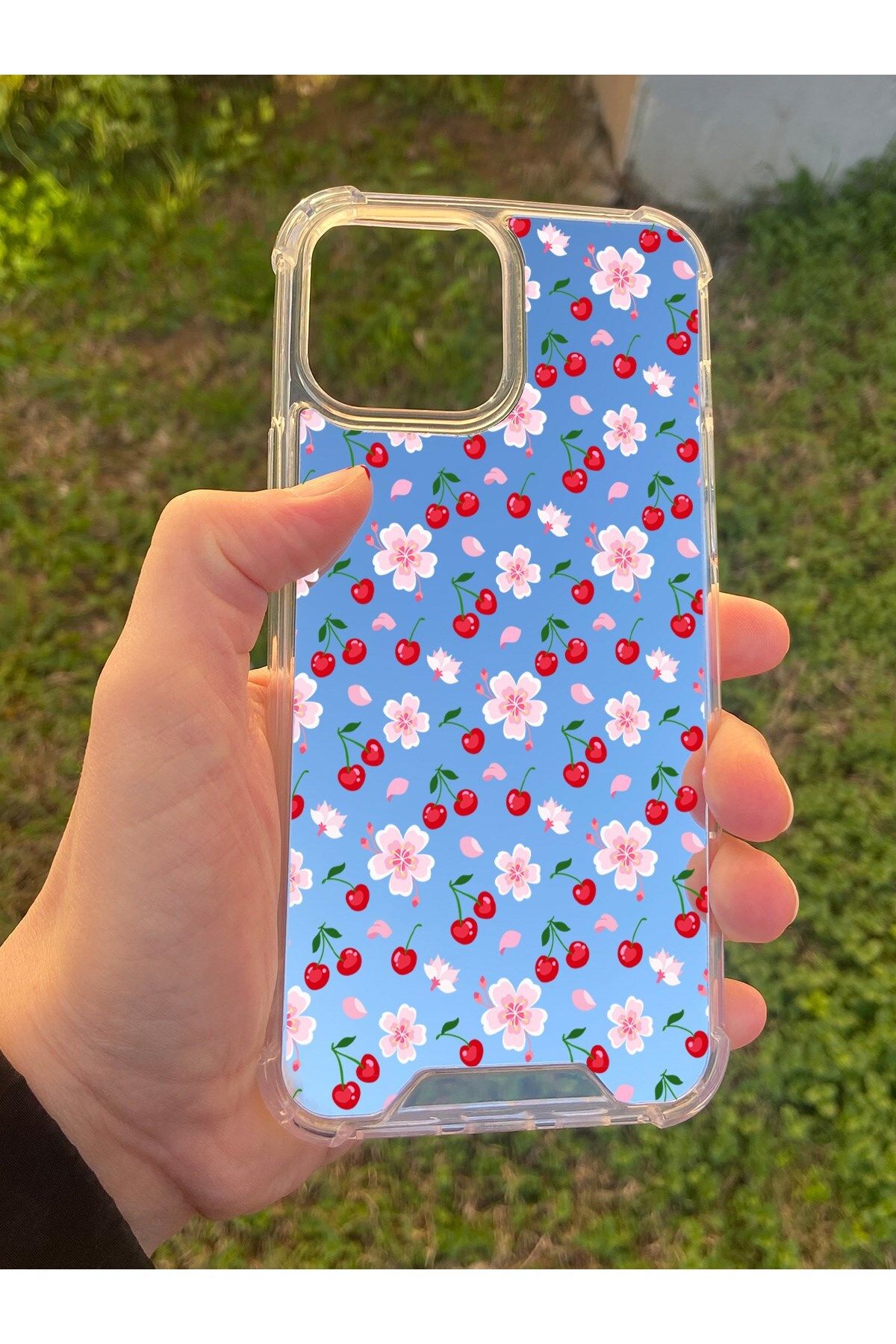 blueb İphone 14 Pro Max Uyumlu Aynalı Kiraz Desenli Darbe Kamera Korumalı Silikon Telefon Kılıfı