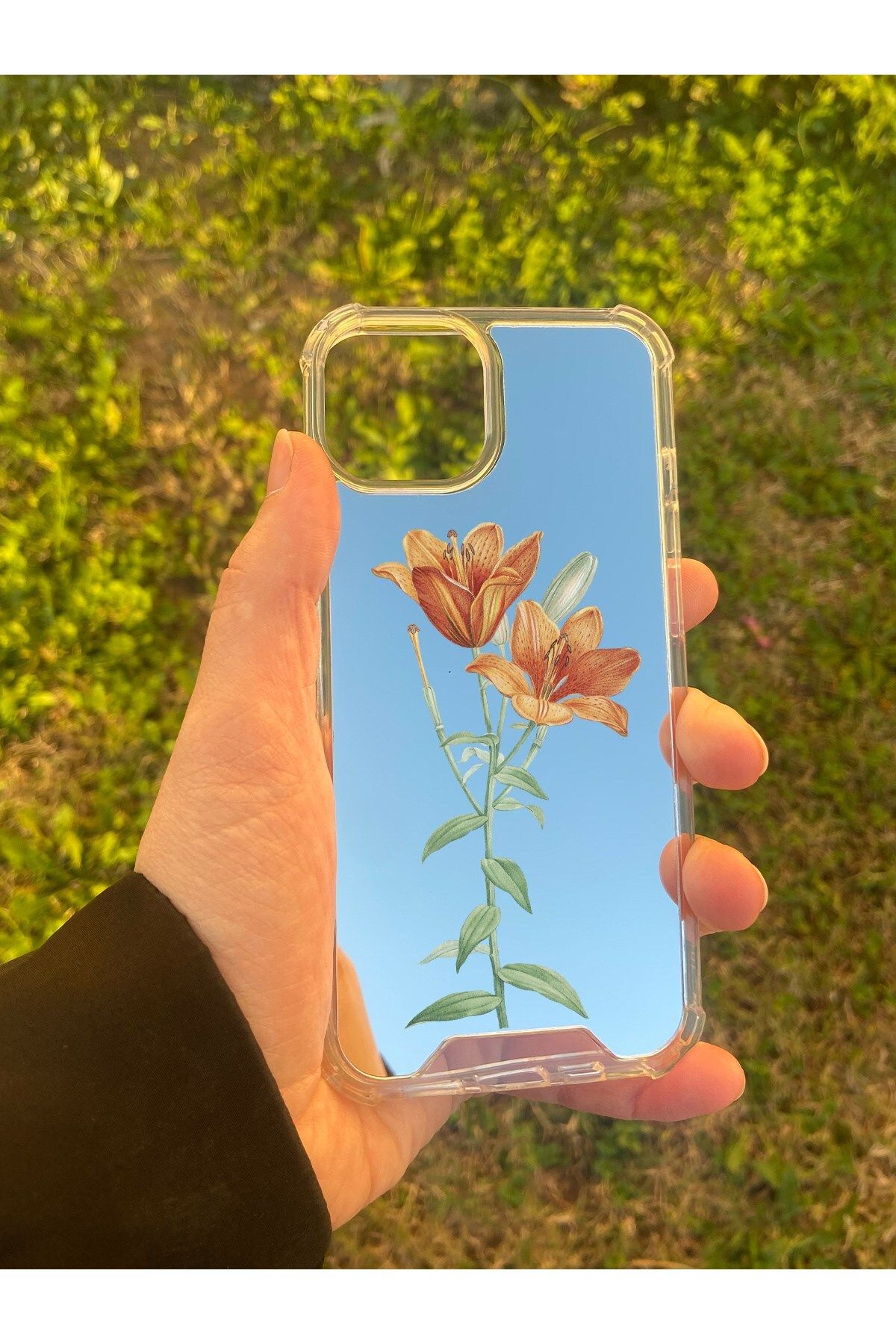 MBB ETİCARET İphone 13 Uyumlu Aynalı Turuncu Lale Desenli Darbe Kamera Korumalı Silikon Telefon Kılıfı