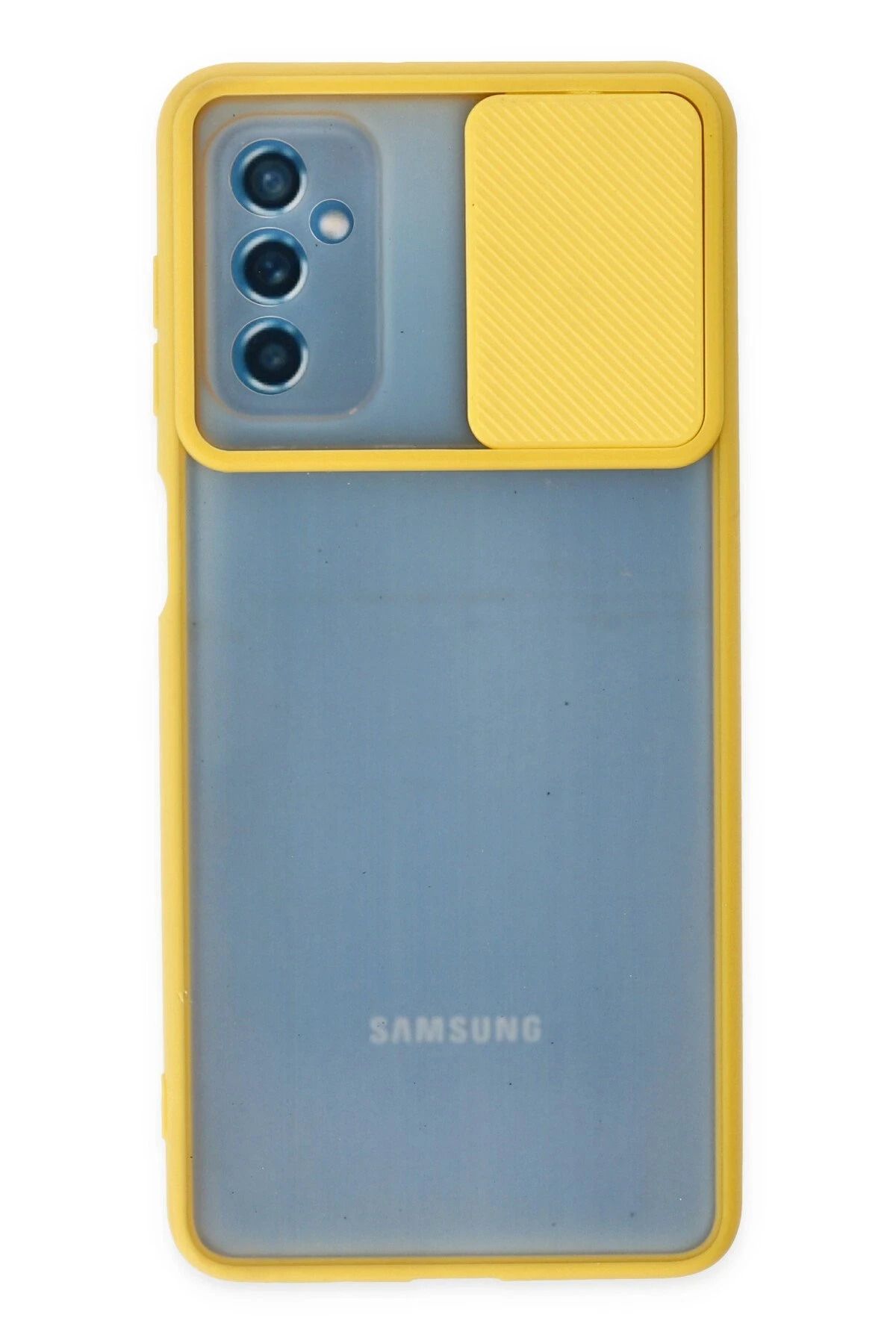 NewFace Samsung Galaxy M52 5G Kılıf Palm Buzlu Kamera Sürgülü Silikon - Sarı HNZRN