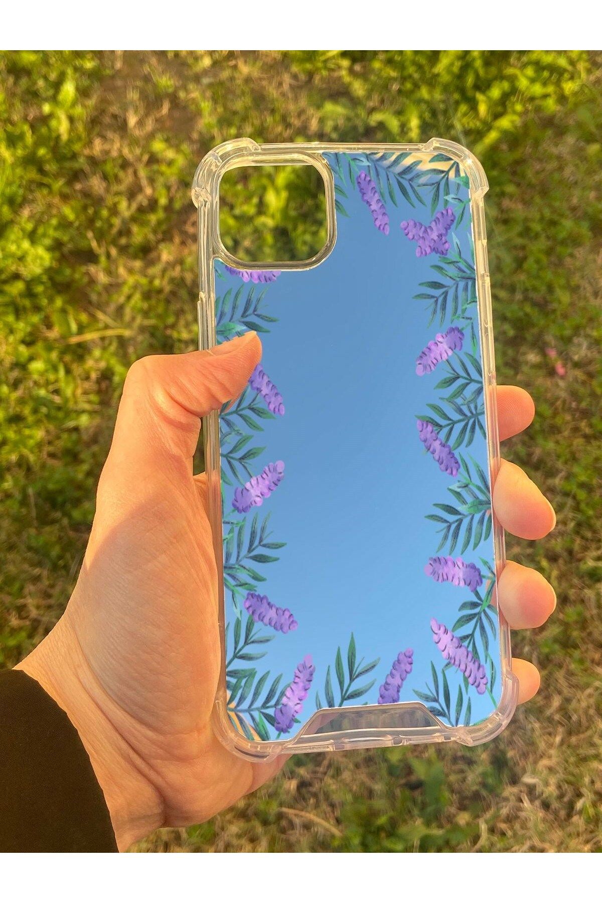 blueb İphone 14 Plus Uyumlu Aynalı Lavanta Desenli Darbe Kamera Korumalı Silikon Telefon Kılıfı