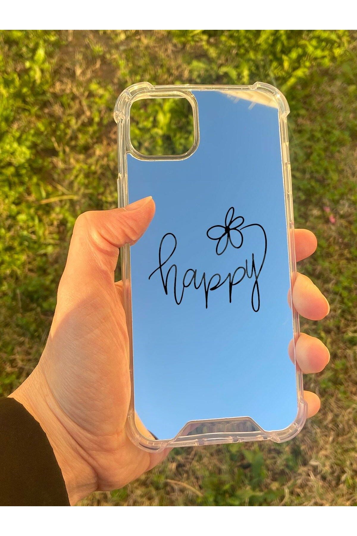 blueb İphone 15 Plus Uyumlu Aynalı Happy Desenli Darbe Kamera Korumalı Silikon Telefon Kılıfı