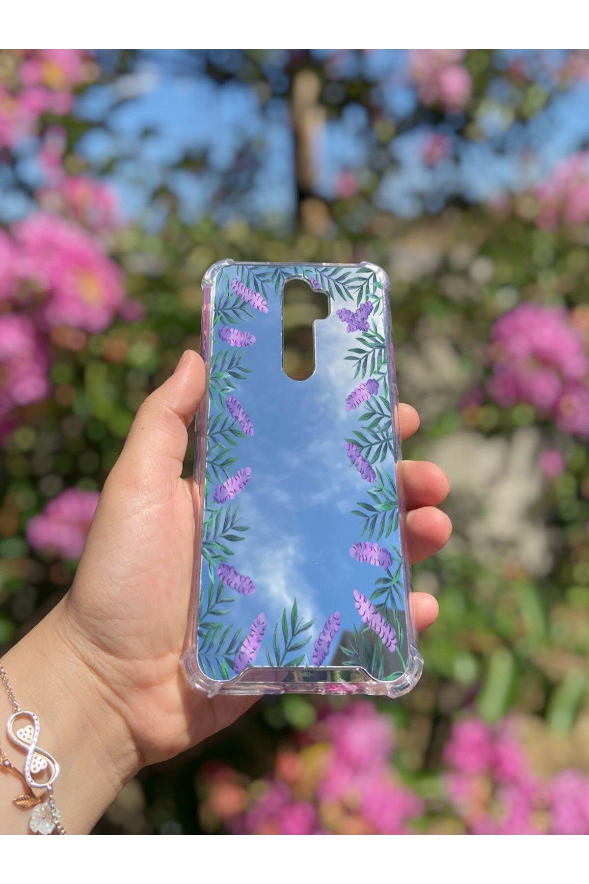 blueb Oppo A9 2020 Uyumlu Aynalı Lavanta Desenli Darbe Kamera Korumalı Silikon Telefon Kılıfı