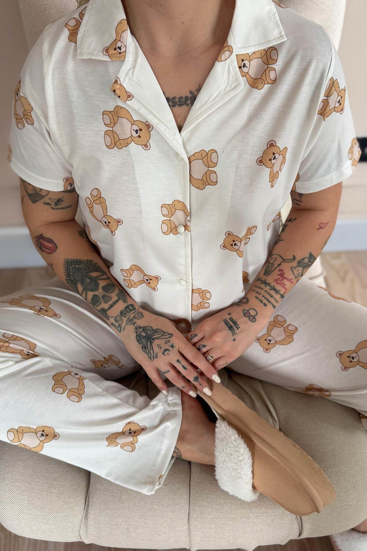 Pijamaevi-Doux Bear Print Bamboo Front Button Short Sleeve Pajama Set 4