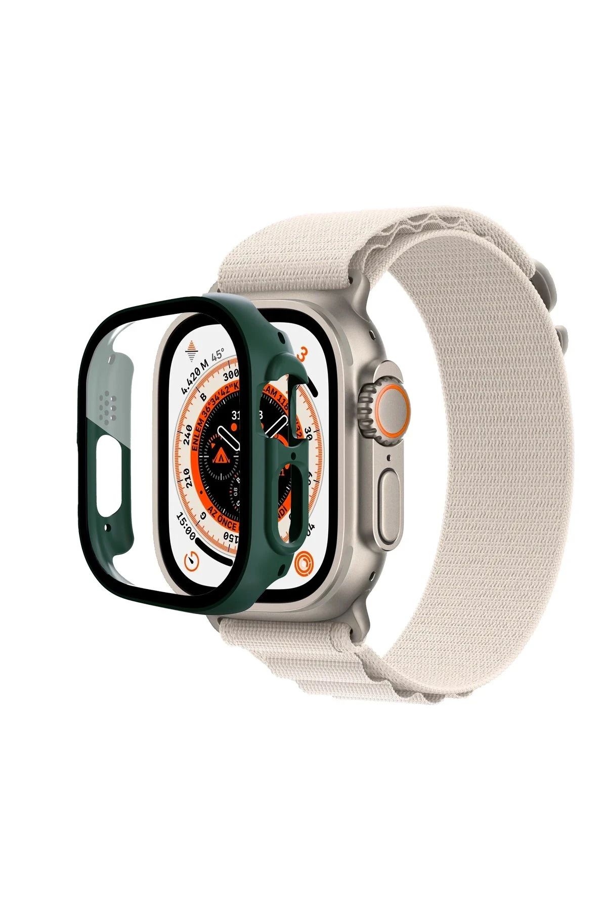 NewFace Apple Watch Ultra 49mm Desert Camlı Kasa Ekran Koruyucu - Koyu Yeşil DRSTR