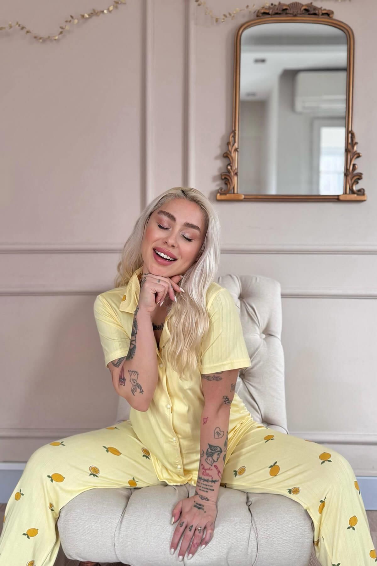 Pijamaevi-Yellow Citrus Charm Patterned Front Buttoned Marlenka Pajama Set 3
