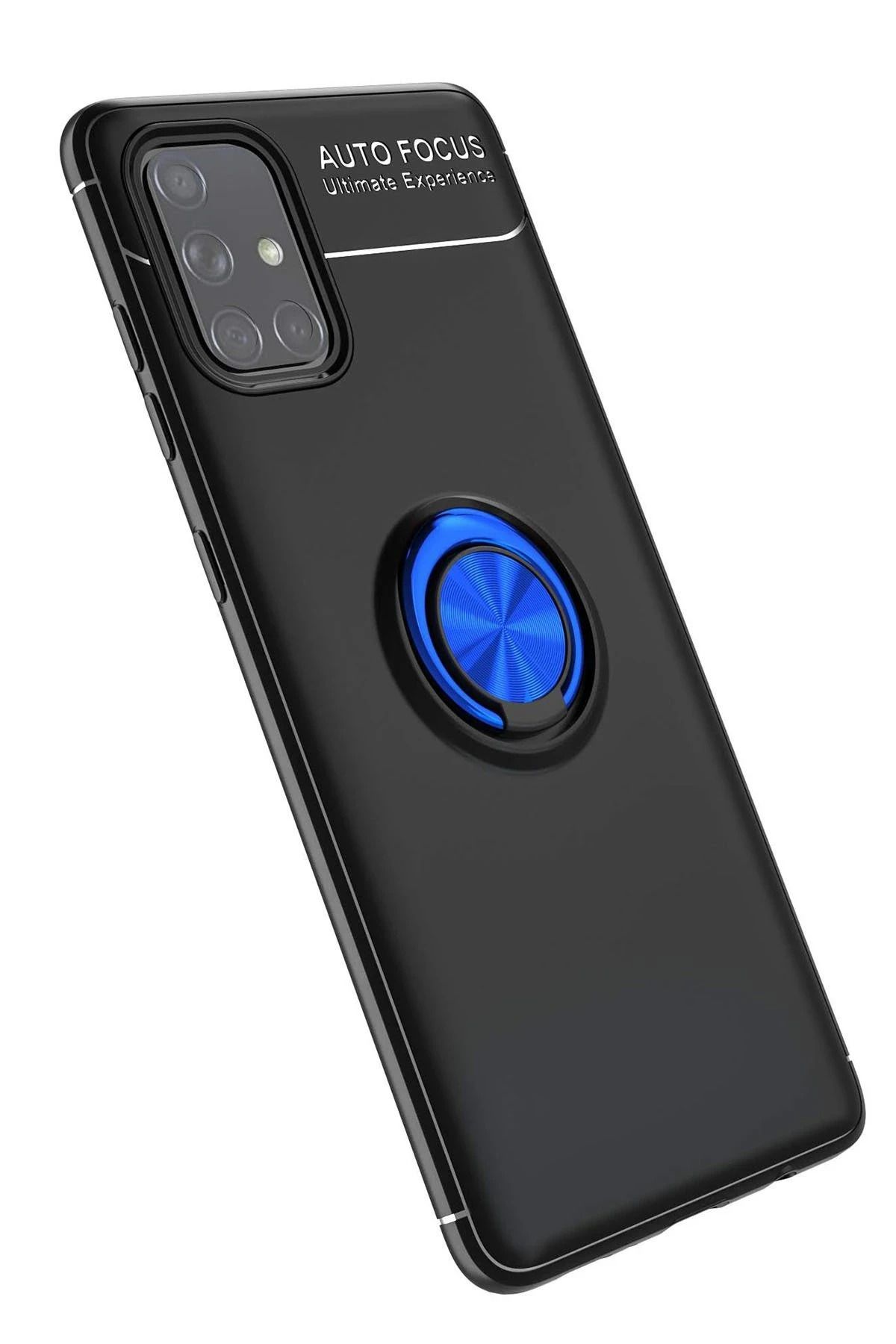 NewFace Samsung Galaxy A71 Kılıf Range Yüzüklü Silikon - Siyah-Mavi FERRG