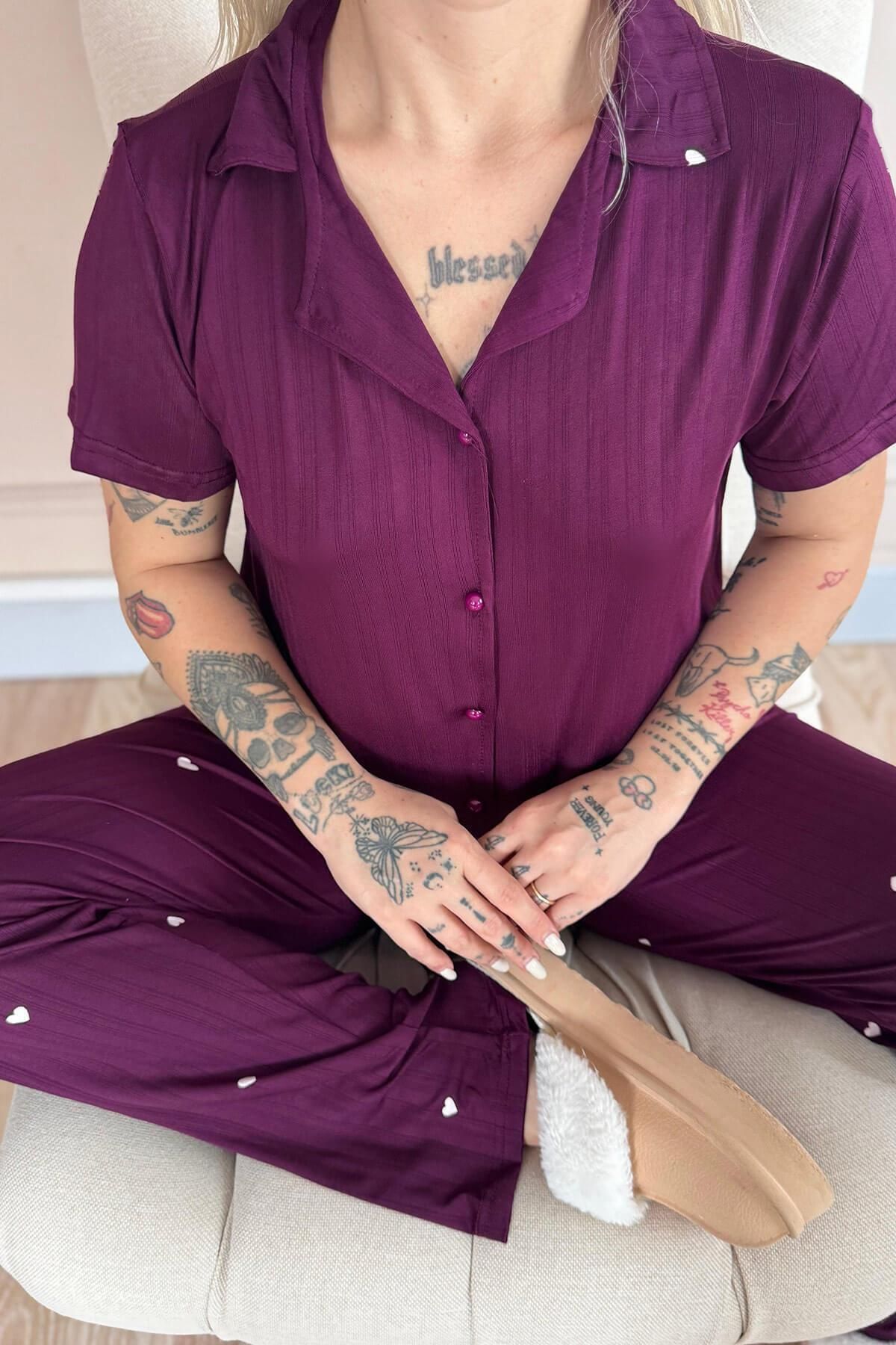 Pijamaevi-Plum Amour Patterned Front Buttoned Marlenka Pajama Set 4