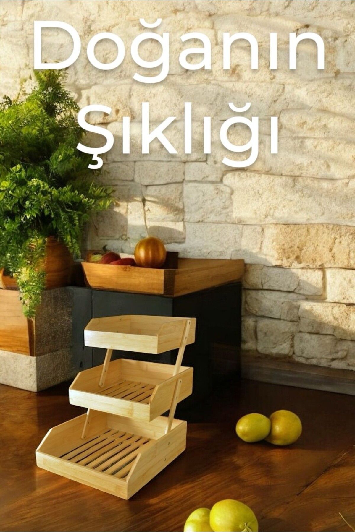 kitchenboost Bambu 3 katlı meyvelik - bambu katlı sunumluk