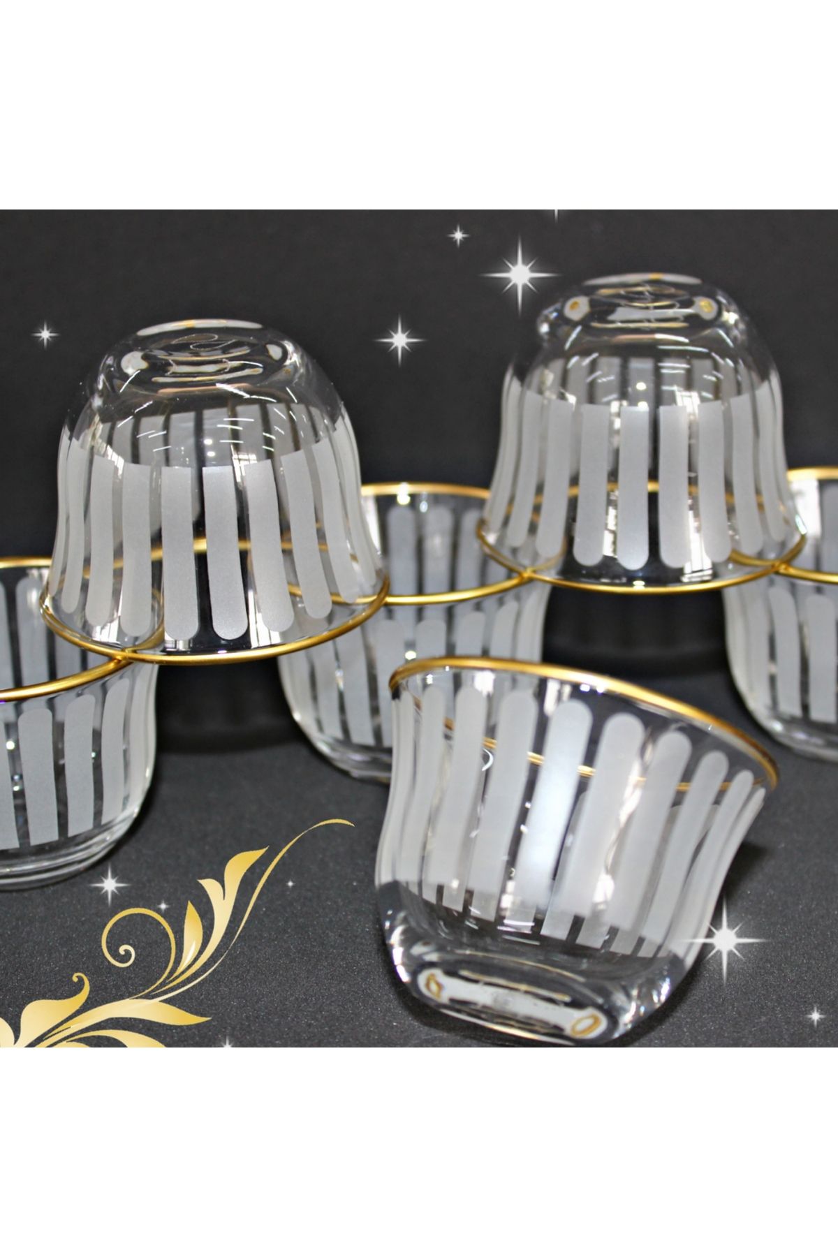 SAMSA-Gilded Matte Stick Pattern Processing Glass Handle Tea Coffee Set 18 Piece Set 6