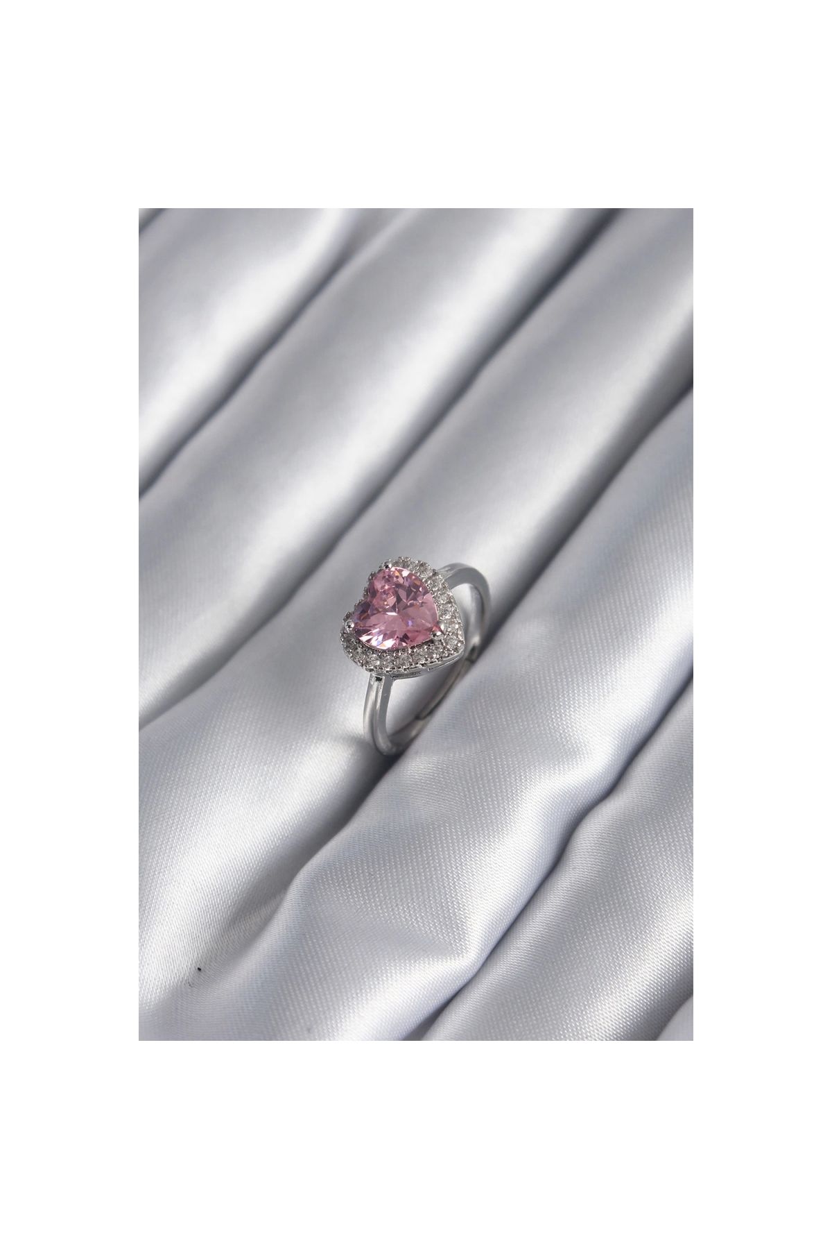Marsilyan Pirinç Gümüş Renk Pembe Zirkon Taş Kalp Charm Model Kadın Yüzük - TJ-BYK2954
