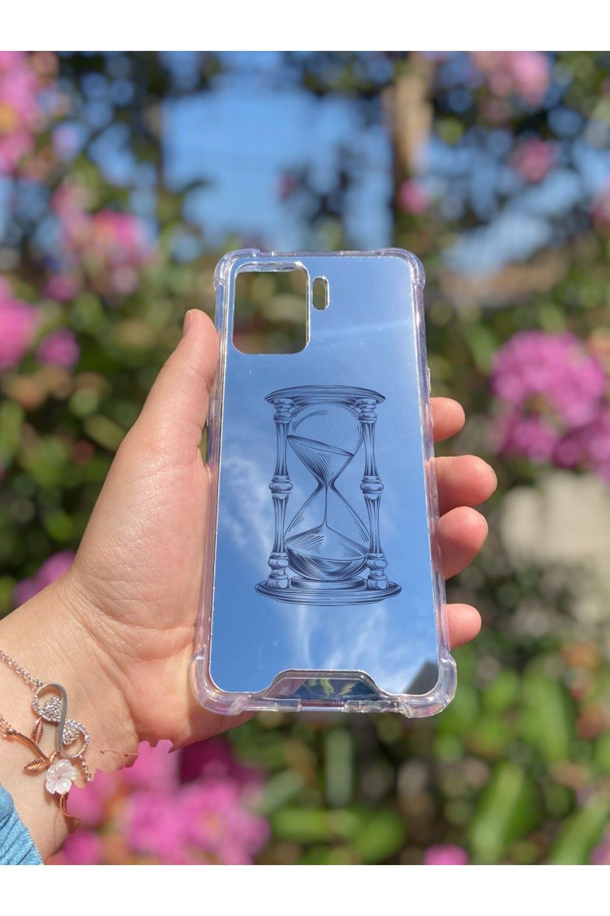 blueb Oppo Reno 5 Lite Uyumlu Aynalı Kum Saati Desenli Darbe Kamera Korumalı Silikon Telefon Kılıfı