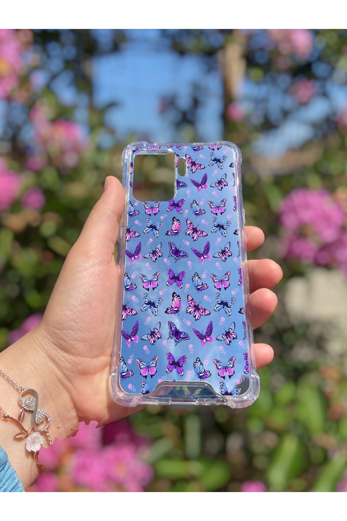 blueb Oppo Reno 5 Lite Uyumlu Aynalı Kelebek Desenli Darbe Kamera Korumalı Silikon Telefon Kılıfı