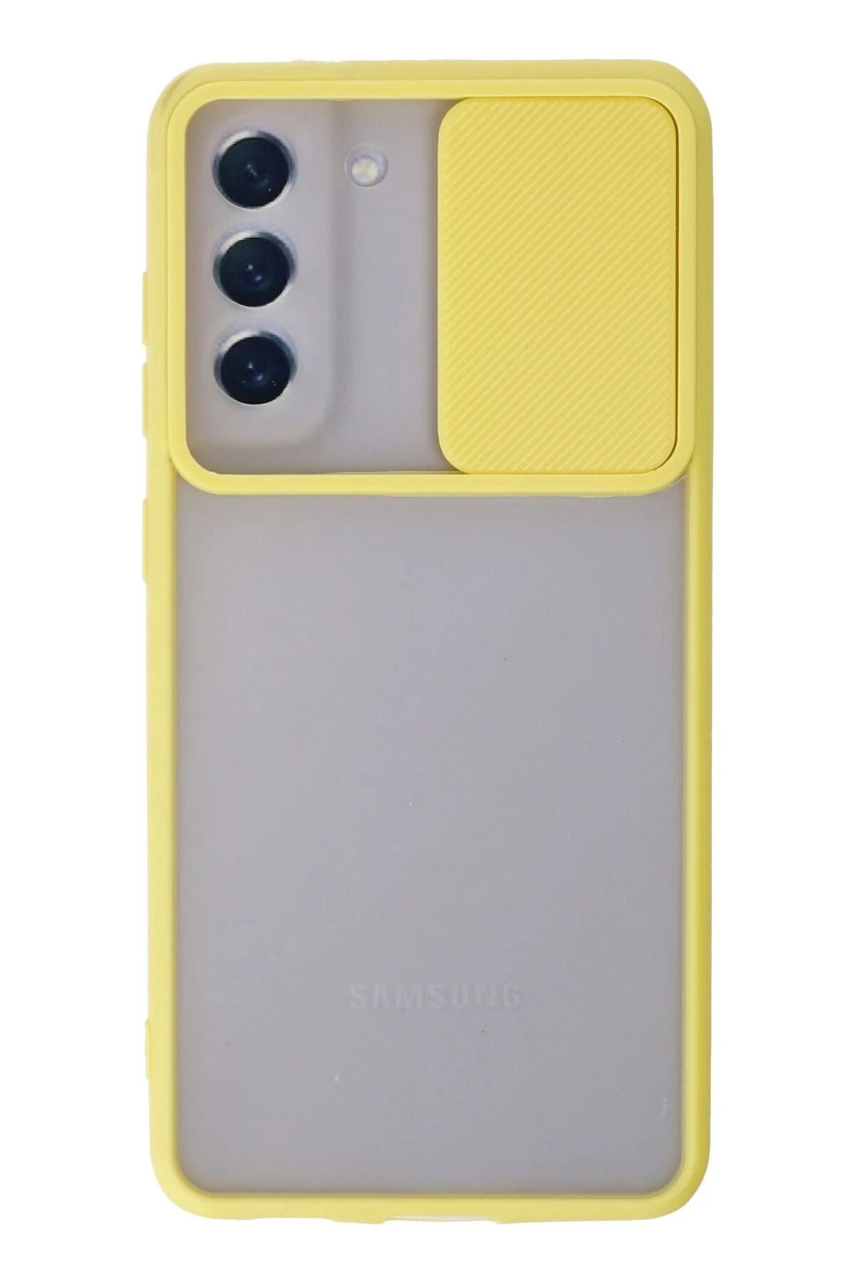 NewFace Samsung Galaxy S21 FE Kılıf Palm Buzlu Kamera Sürgülü Silikon - Sarı JOJUA