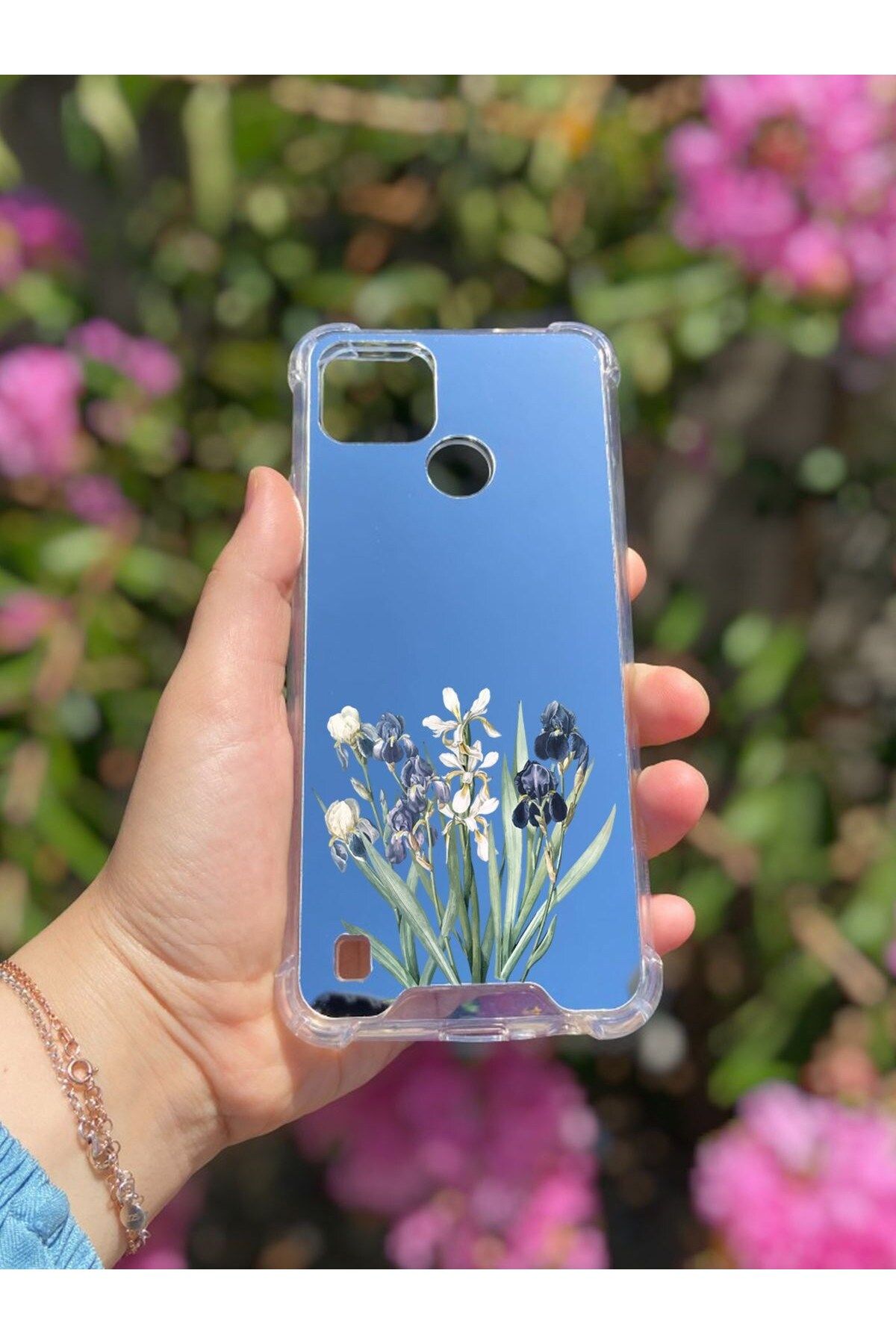 blueb Realme C21 Uyumlu Aynalı Mor Beyaz Desenli Darbe Kamera Korumalı Silikon Telefon Kılıfı