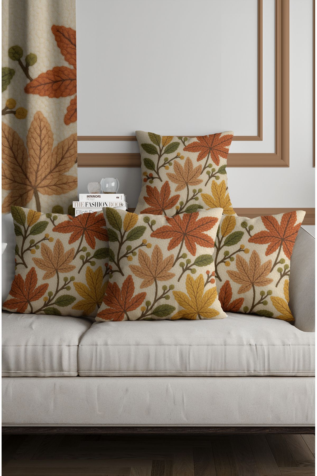 ALAMODECOR Sonbahar Yaprakları Punch Nakış Desenli Çift Taraflı Dijital Baskılı 4'lü Kırlent Kılıf Seti