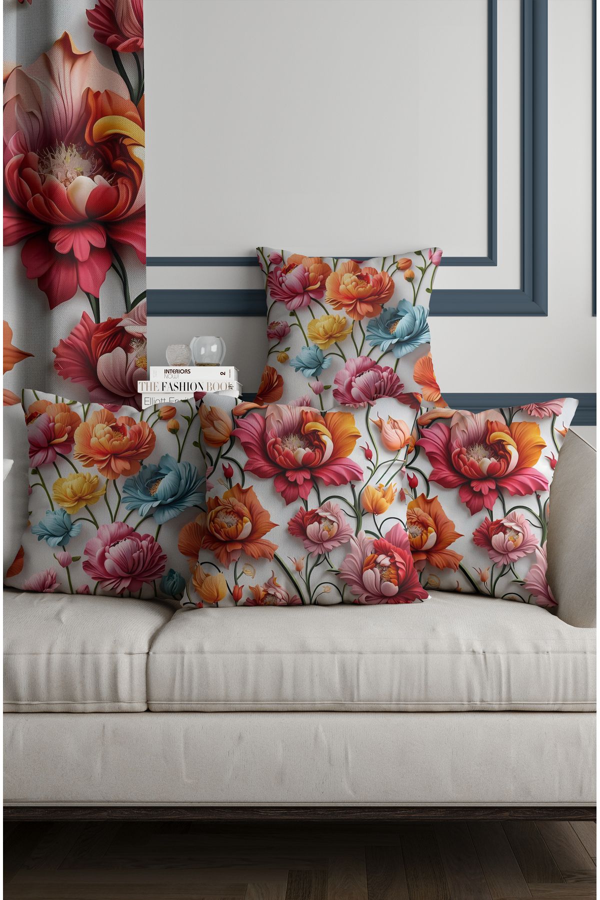 ALAMODECOR Punch Nakış Gül Desenli Çift Taraflı Dijital Baskılı 4'lü Kırlent Kılıfı Seti