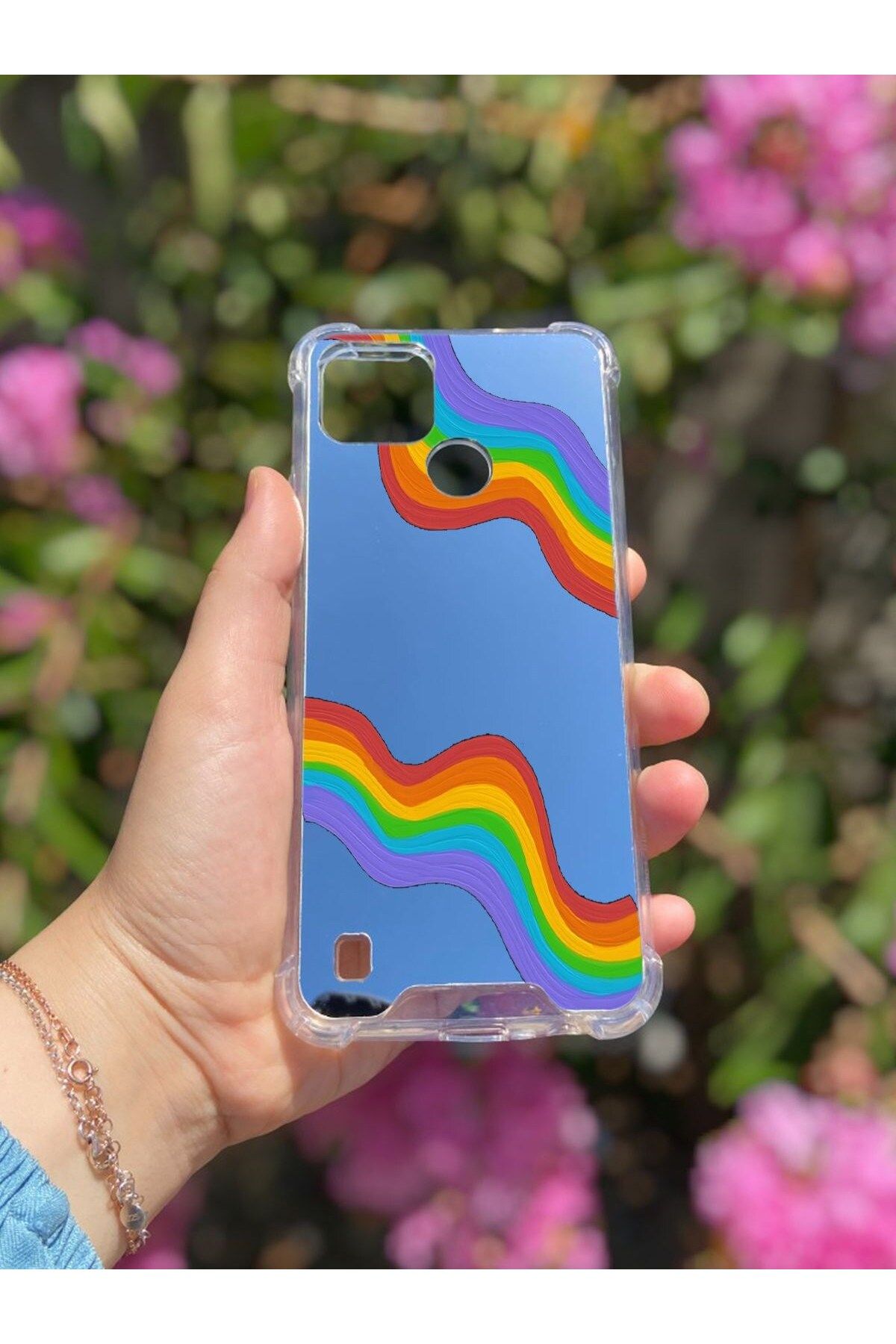 MBB ETİCARET Realme C21 Uyumlu Aynalı Gökkuşağı Desenli Darbe Kamera Korumalı Silikon Telefon Kılıfı