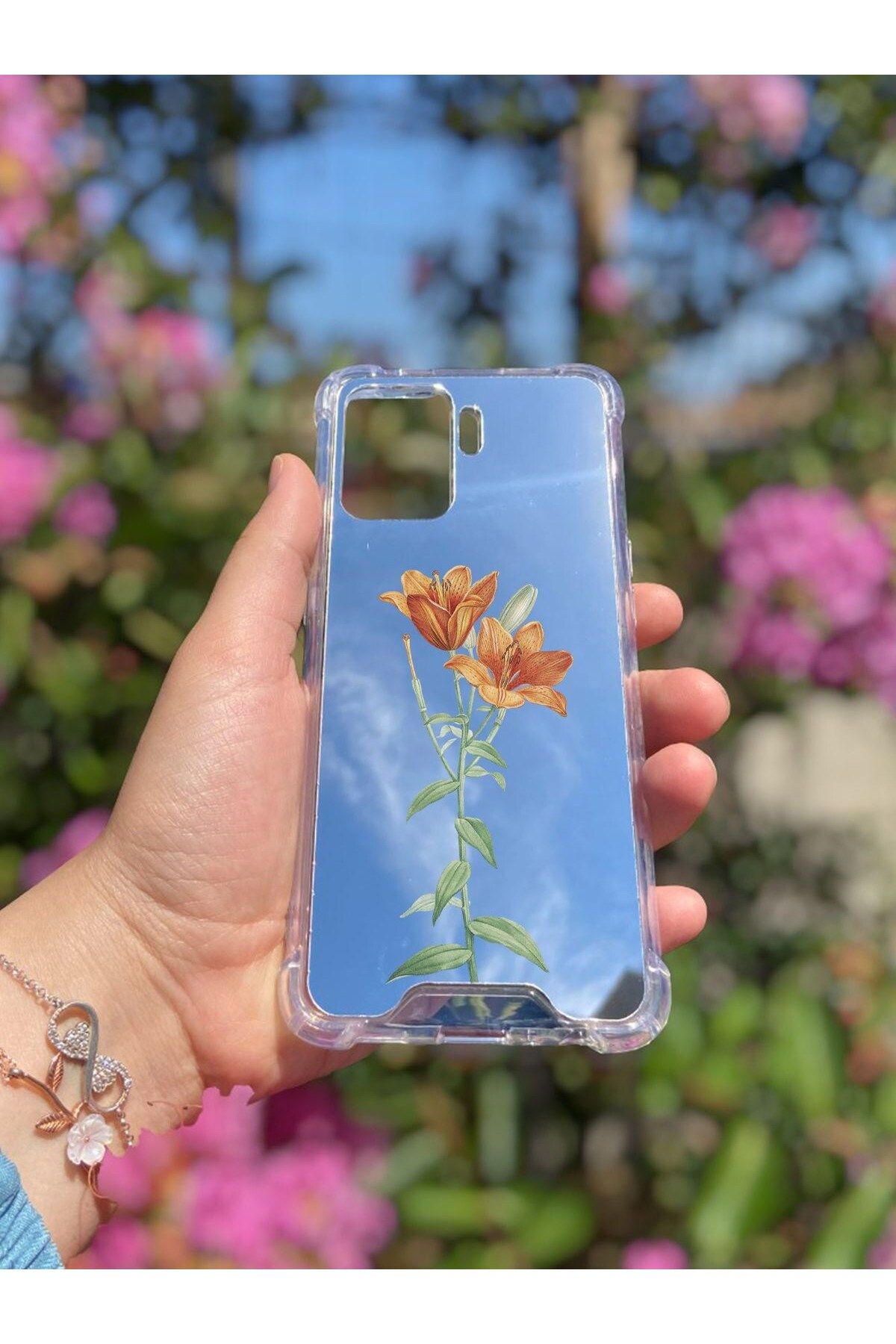 blueb Oppo Reno 5 Lite Uyumlu Aynalı Turuncu Lale Desenli Darbe Kamera Korumalı Silikon Telefon Kılıfı